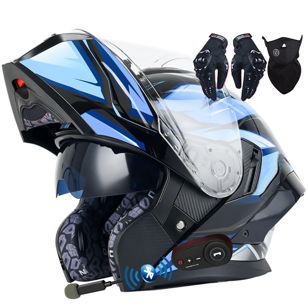 Letetexi Bluetooth Helmet Motorcycle Modular Anti-Fog Visor Helmets Scooter Chopper ECE Approved Full Face Helmets Flip-Up Anti-Collision Integral Motorcycle Helmet for Locomotive Men Women