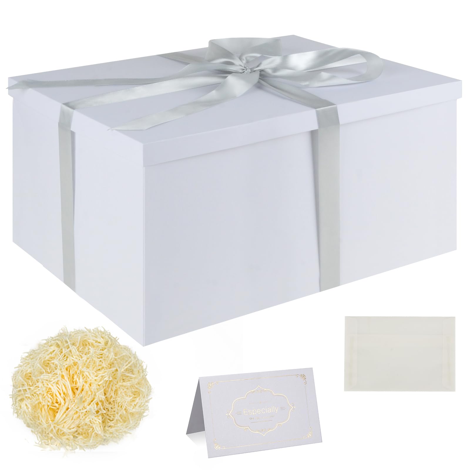Set Scatola Regalo, Scatole Regalo Bianco con Coperchi 38 x 28 x 19 cm Scatola Regalo Grande con Nastro Biglietti Auguri Carta Velina Tagliuzzata per Natale Compleanno Matrimonio