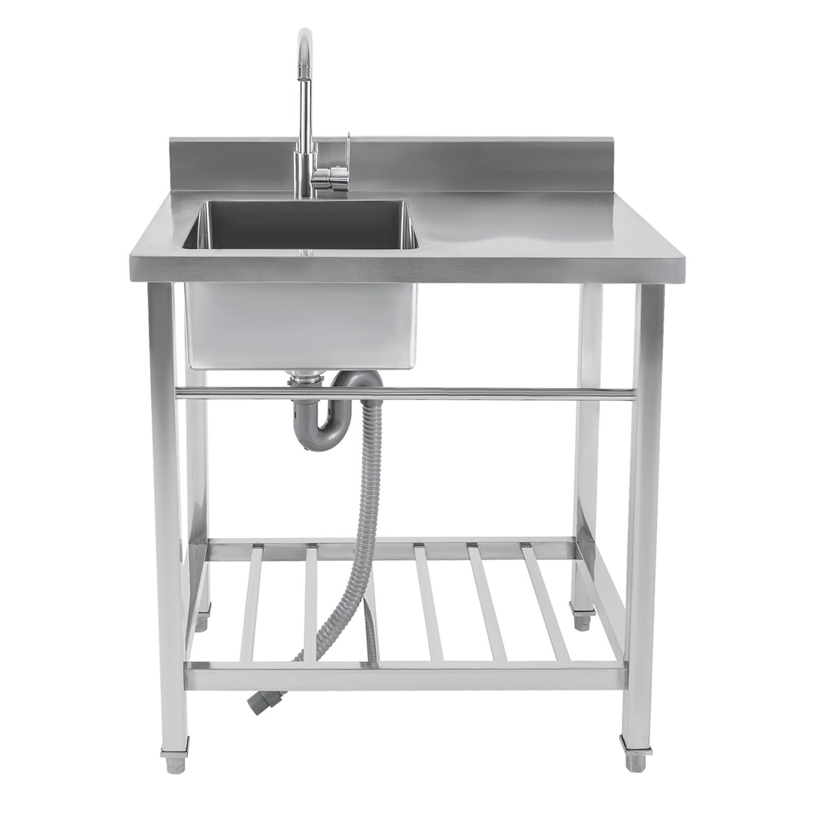 Freistehende Küchenspüle Edelstahl Spültisch, 80 x 55 x 84CM 100KG Tragfähigkeit Einschalen-Küchenspüle Gewerbliche-Küchenspüle mit Arbeitsfläche für Restaurant Garage oder Waschküche