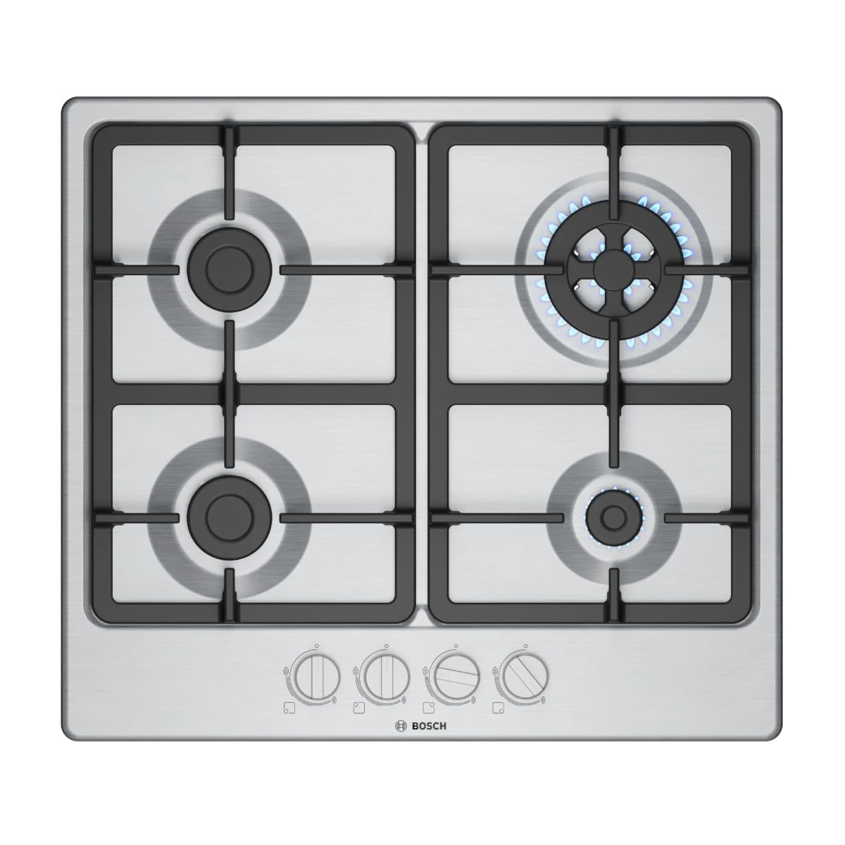 Bosch PGH6B5K90 Serie 4 Gasherd, Wokbrenner: Leistung bis 3,3 kW, Grillroste aus Gusseisen, Stahl, 60 cm, 3 Zonen + Wok, Edelstahl