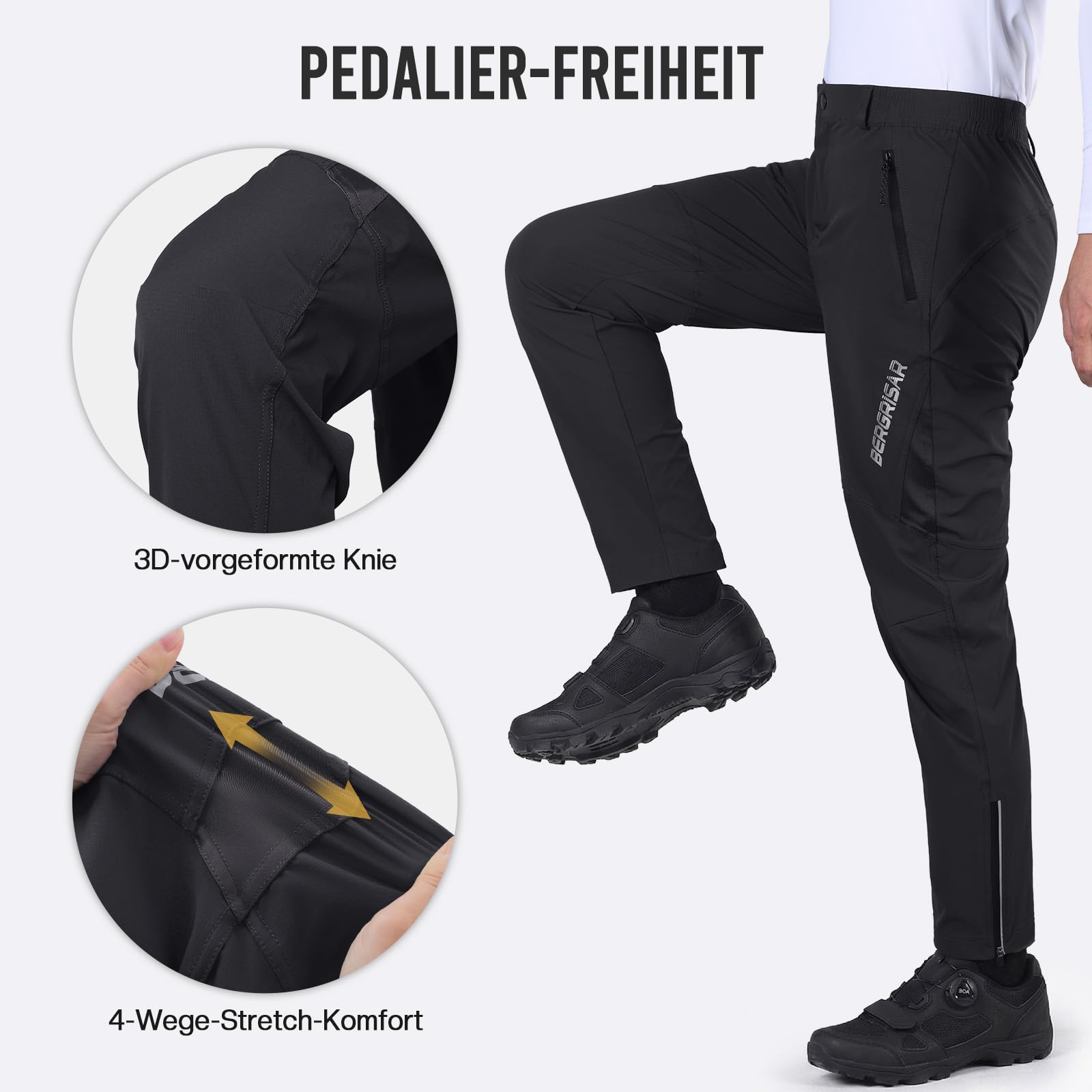 BERGRISAR Herren-Radhose, wasserabweisend, MTB-Hose mit Reißverschlusstaschen, schnell trocknend, 4-Wege-Stretch, Mountainbike-Hose für Outdoor, Wandern, Laufen
