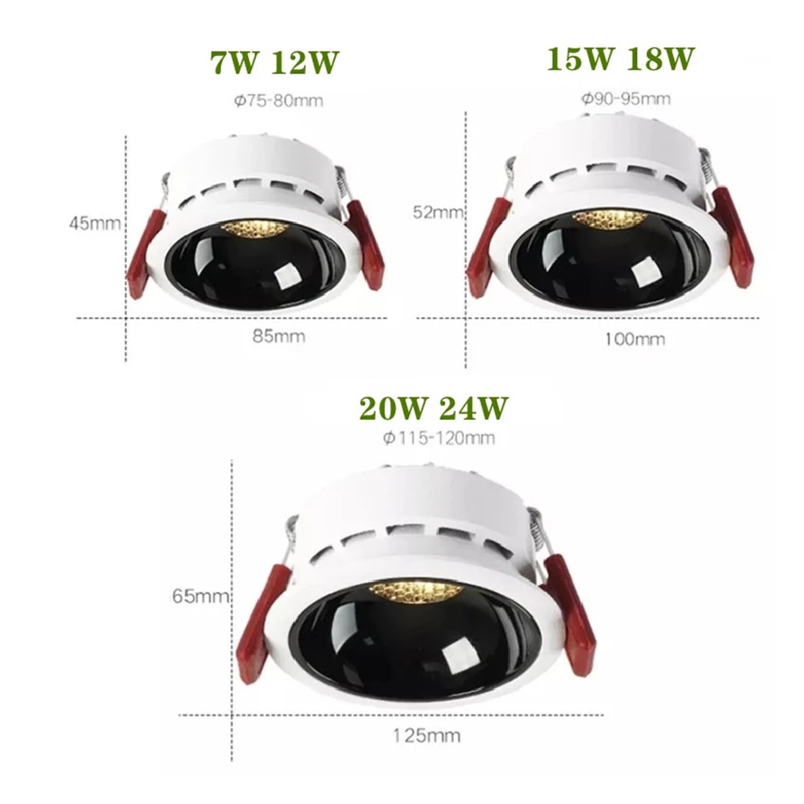 Reflektor LED do zabudowy z technologią COB, antyodblaskowy, oświetlenie wewnętrzne, lampa sufitowa, 7/12/15/18/20W, AC90~260V (biały/czarny, COLD WHITE-NO DIMMING-12W)