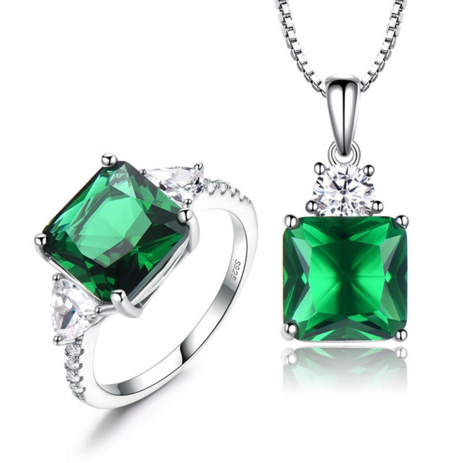 Joyería De Plata De Ley 925 Auténtica, Collar De Anillos De Esmeralda Creados, Regalos Elegantes para Mujeres con Cadena De Caja, Conjuntos De Joyería Fina