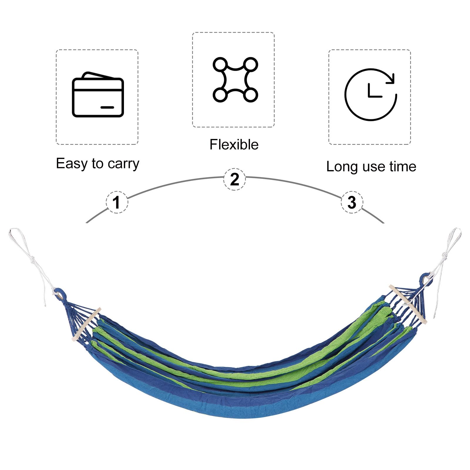 Hemobllo Hamac de Camping Double en Toile de Coton Rayée Bleu avec Boucle Anti-Renversement Capacité 150kg Pliable pour Forêt et Plage