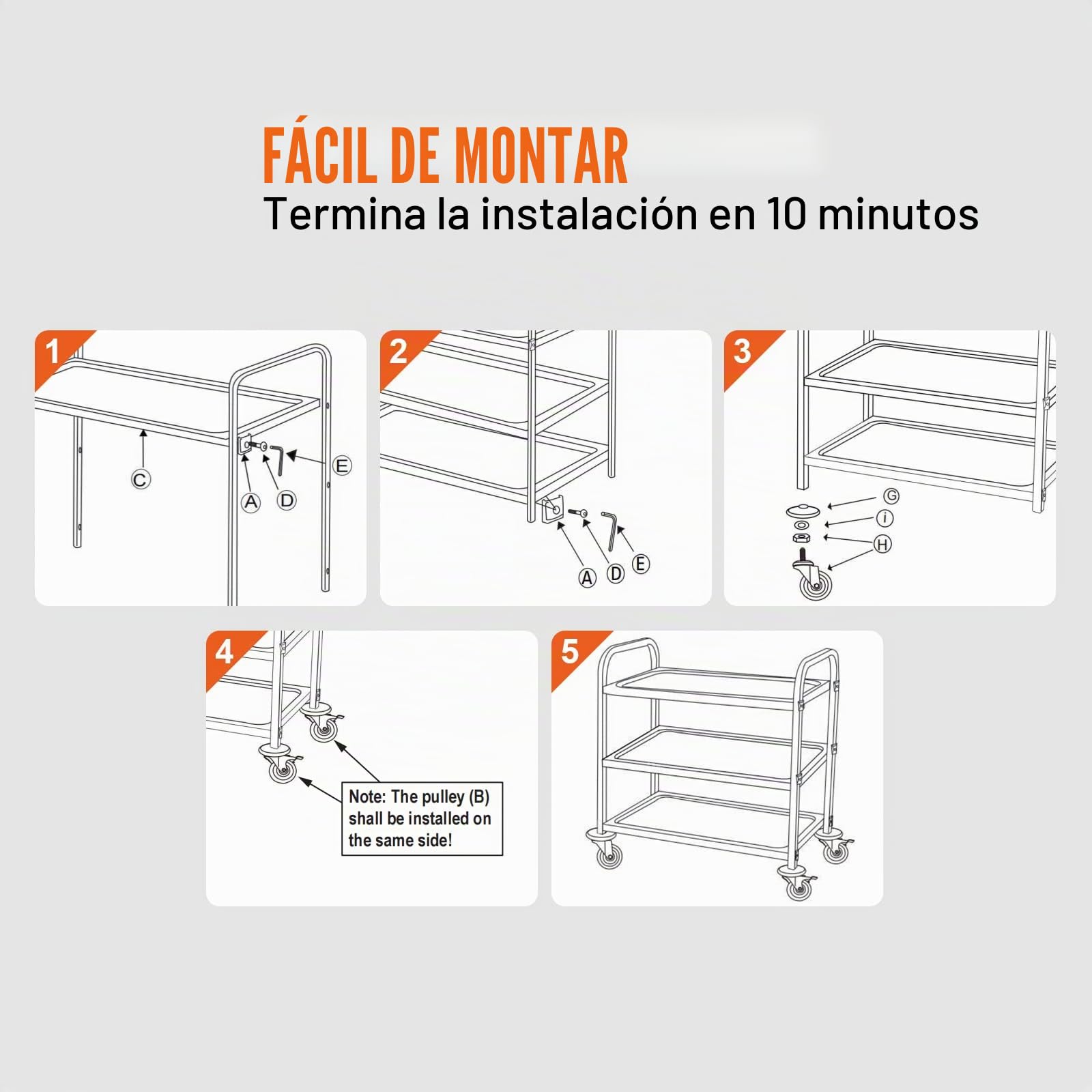 VEVOR Carro con Ruedas de 3 Niveles Carro de Almacenamiento Multifuncional de Acero Inoxidable 94x49,5x93 cm Carga 100 kg Ruedas con Bloqueo 6 Ganchos para Almacenamiento Lavadero Cocina Restaurante