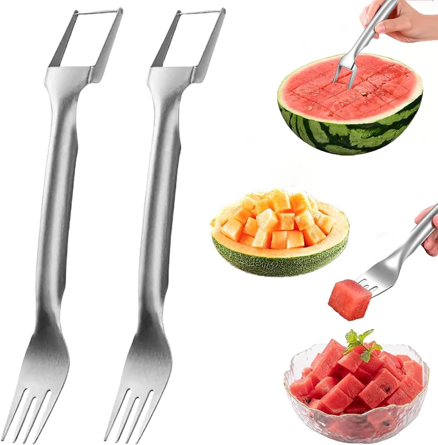 Watermelon Cutter,2-in-1 Stainless Steel Fruit Cutter, 2024 New Upgrade Dual Head Watermelon Fork Slicer Tool, Summer Fruit Cutting Home Kitchen Gadgets (2Pcs)