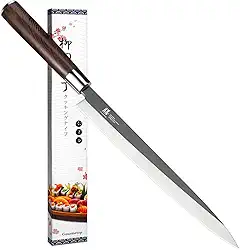 Faca de sushi japonesa para sashimi de 25 cm – VG10 Faca Yanagiba de aço com Urasuki e bisel escovado, cabo em forma de D de madeira wenge – Profissional para corte de salmão japonês e sushi