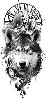 S.A.V.I Temporary Tattoo Stickers, Black Wolf Colored Eyes Ancient Clock Pattern For Men, Women, Tattoo For Hand Arm, Size 21x11cm - 1Pc.-picture-12