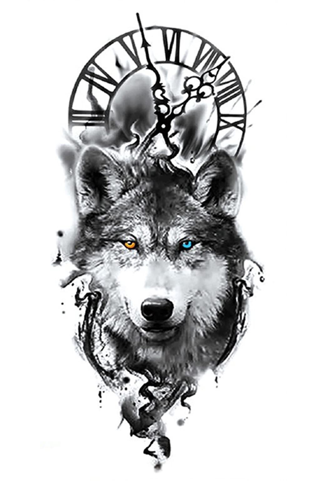 S.A.V.I Temporary Tattoo Stickers, Black Wolf Colored Eyes Ancient Clock Pattern For Men, Women, Tattoo For Hand Arm, Size 21x11cm - 1Pc.
