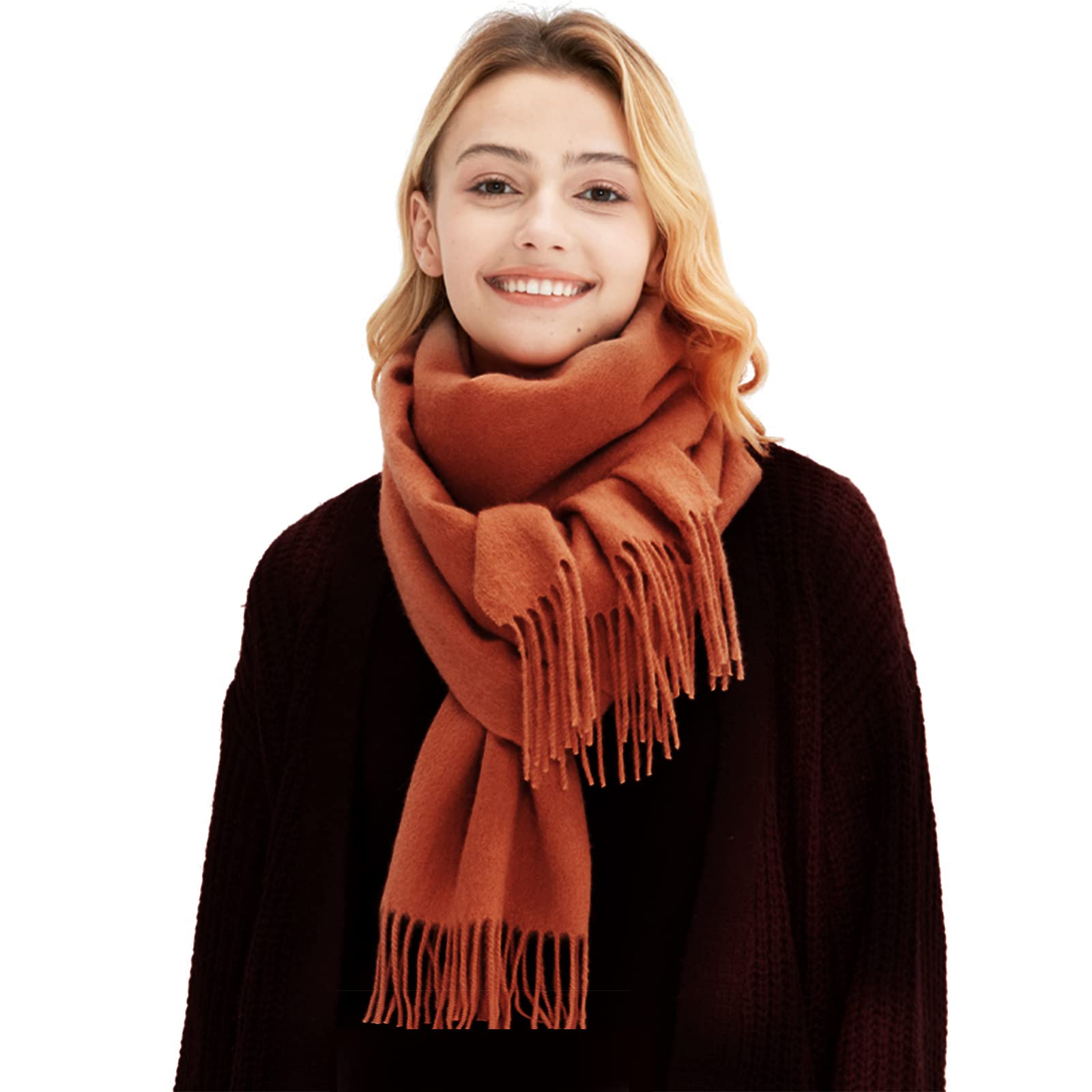 Lumisyne Women's Orange Winter Premium Cashmere Scarf For Classic Solid Color Wool Scarf With Tassel Soft Long Pashmina Scarves Warm Shawl Wrap