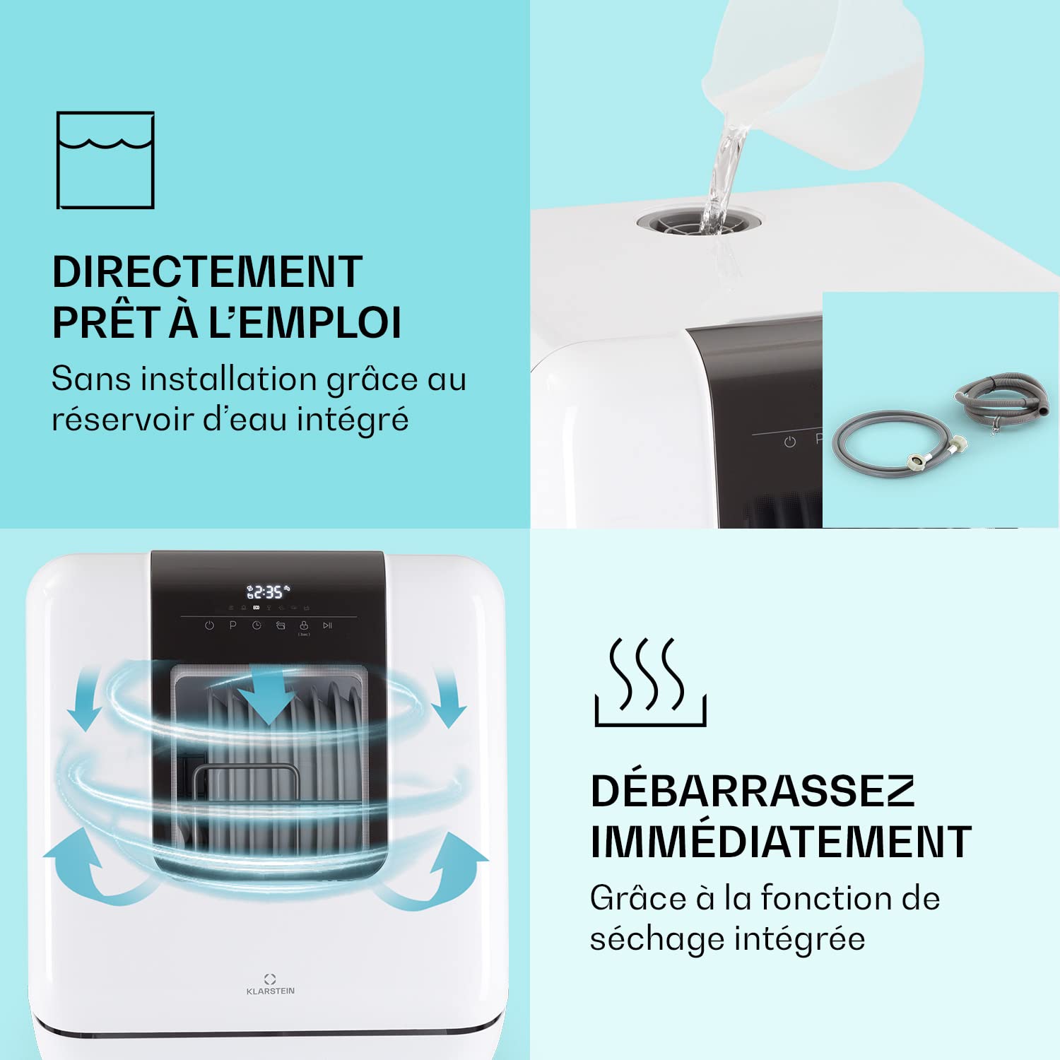Klarstein Mini Lave-Vaisselle 3 Couverts, 7 Programmes, Silencieux, Compact de Table Portable