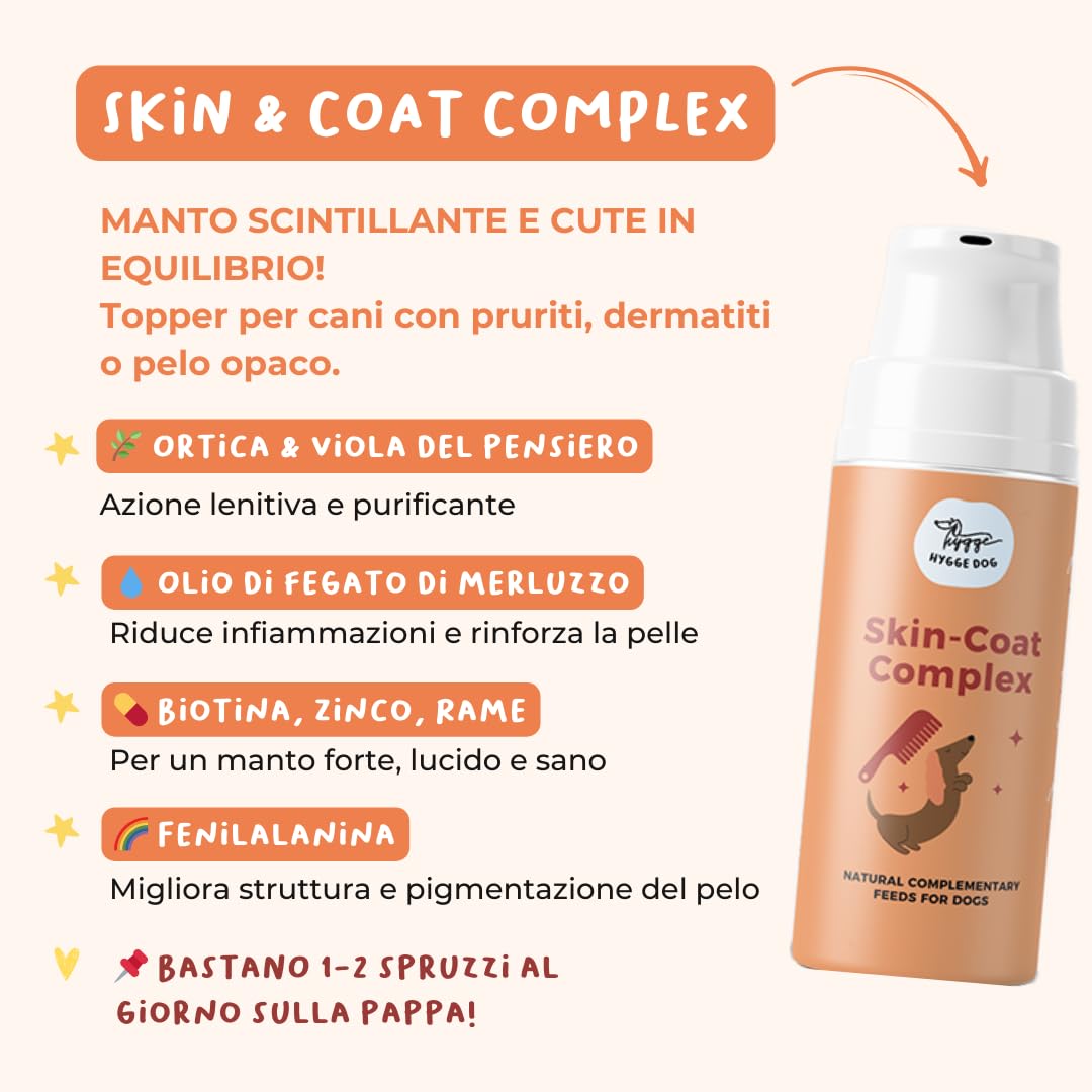 Skin‑Coat Complex - Integratore Dermatite per Pelle e Pelo cane | Topper Liquido con Estratti Vegetali Dermoprotettivi e Omega 3‑6, Contro Prurito, Dermatiti e Pelo Spento | 2x100 ml | Hygge Dog