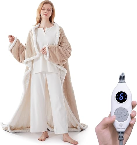 Westinghouse Manta eléctrica para acurrucarse con bolsillo para el pie, manta térmica portátil con mangas, 6 niveles de calefacción y 2 a 10 horas
