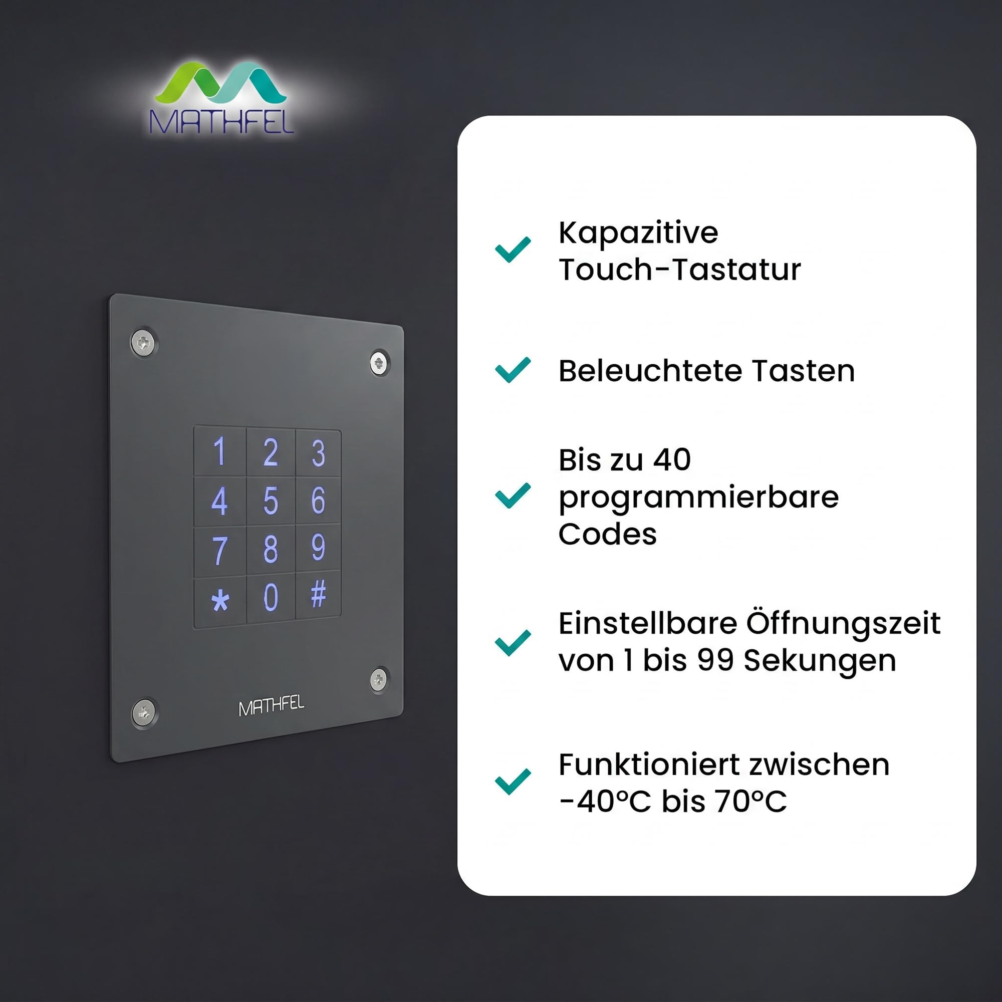 MATHFEL Elektronisches Türschloss mit Code aus Stahl, Unterputz - Ideal für Haustür, Garagentor & Nebeneingänge - Wetterfestes Codeschloss IP66, Normstahl Codetaster - Flexibel und Robust