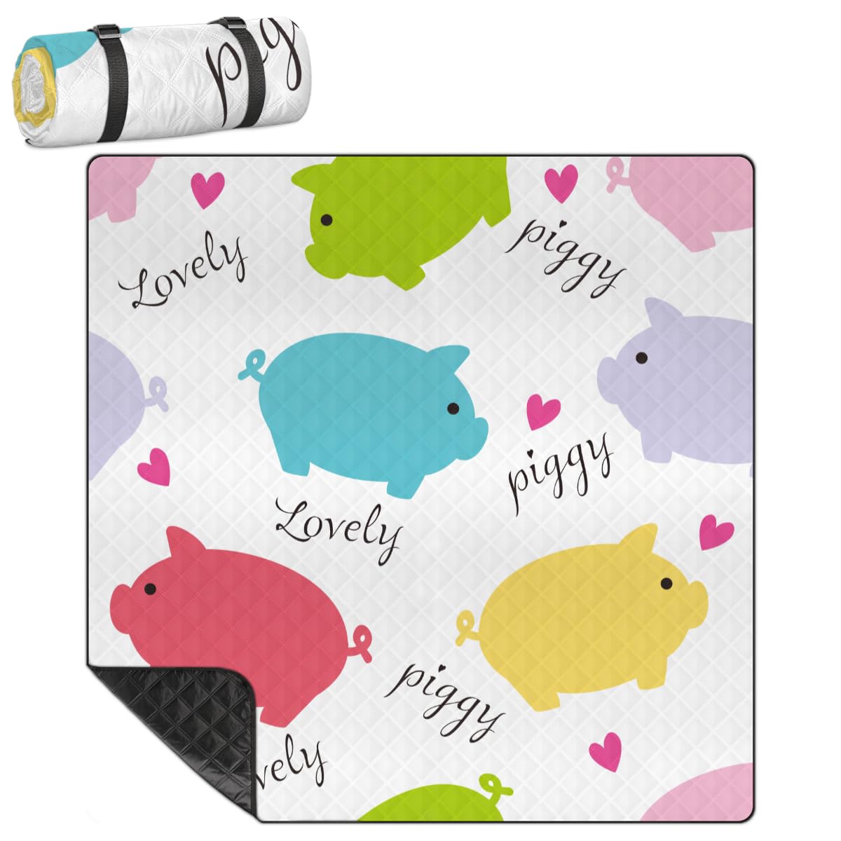Shimoshe Extra Large Picnic Blankets 79”x 79”, Love Pig Waterproof Foldable Picnic Mat with Straps Portable Beach Blanket for Camping Park Grass Beach Indoor