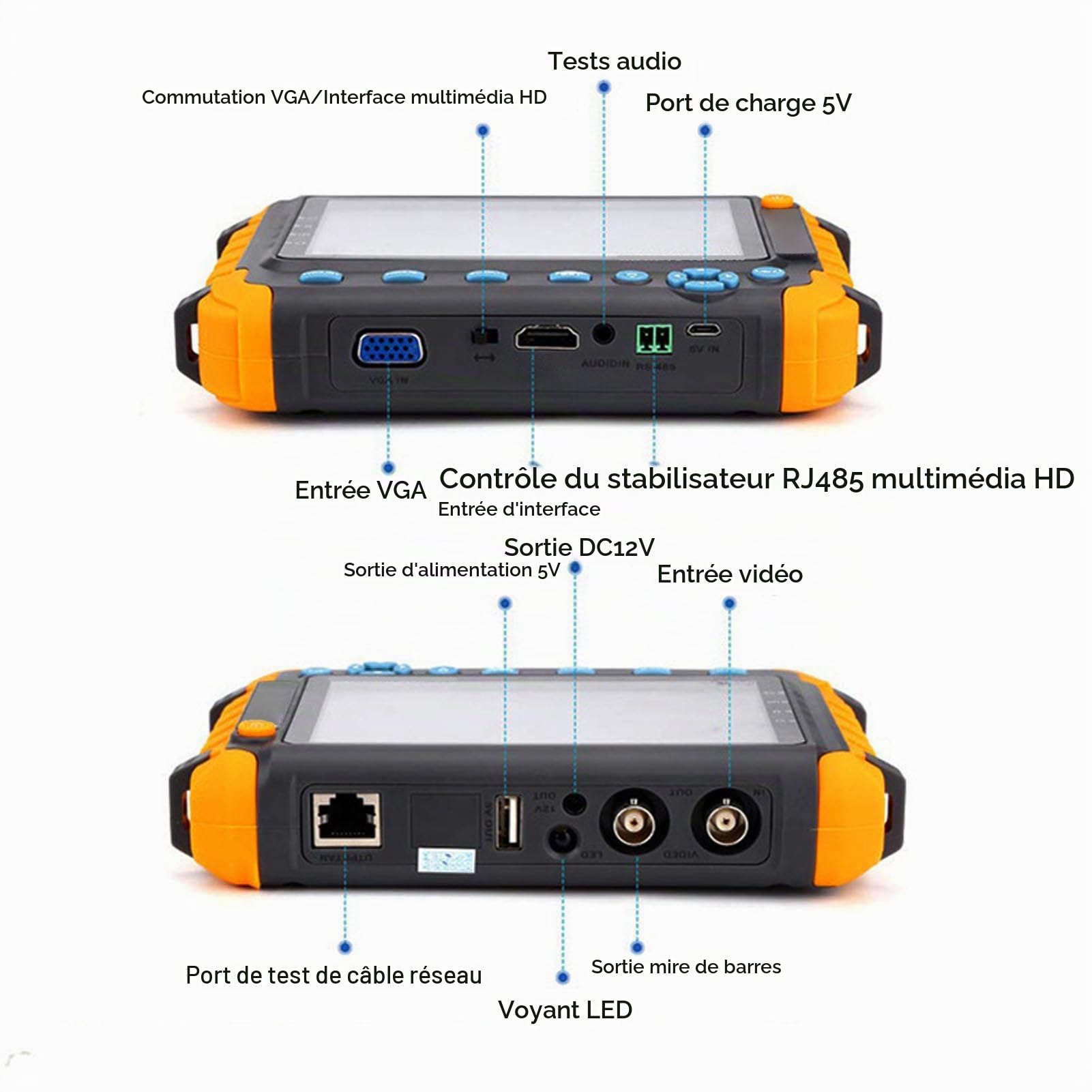 Testeur de Vidéosurveillance, Testeur de Caméra IP 5 Pouces 8MP, Testeur de Moniteur Vidéo Analogique Coaxial AHD TVI CVI avec Test de Câble UTP, Contrôle PTZ, Entrée VGA HDMI (Prise UE)