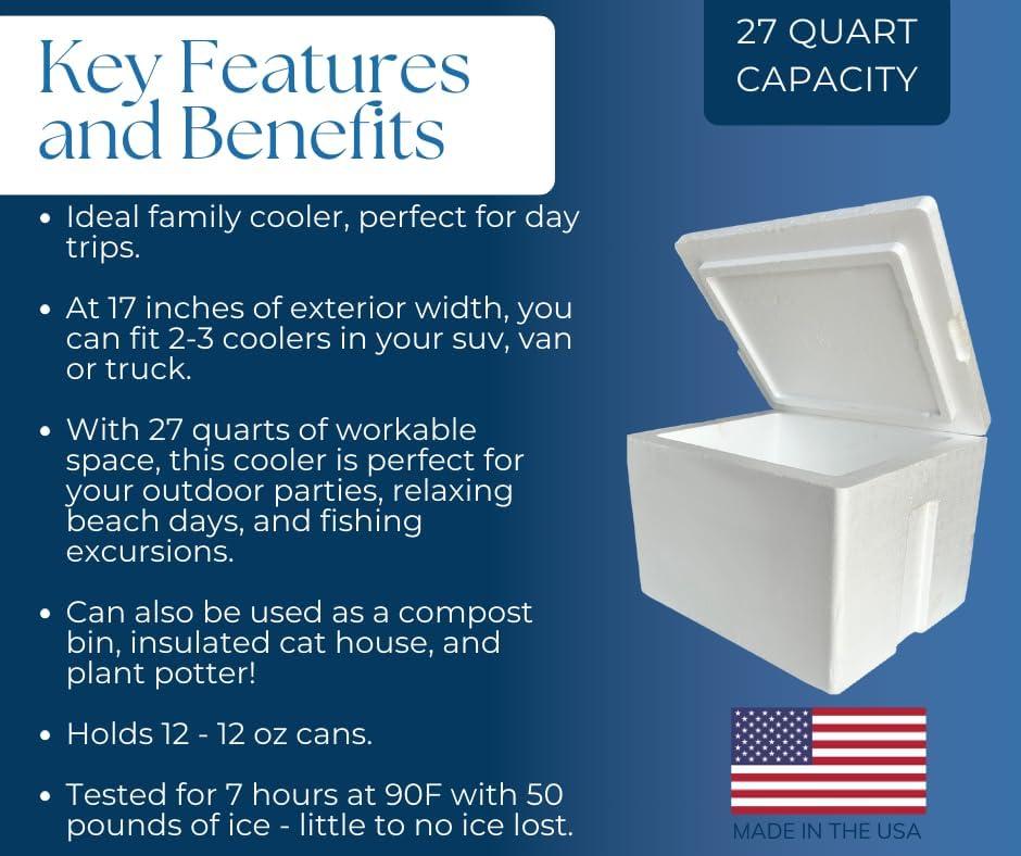 Styrofoam Ice Chest, Insulated Cooler, 27 qt