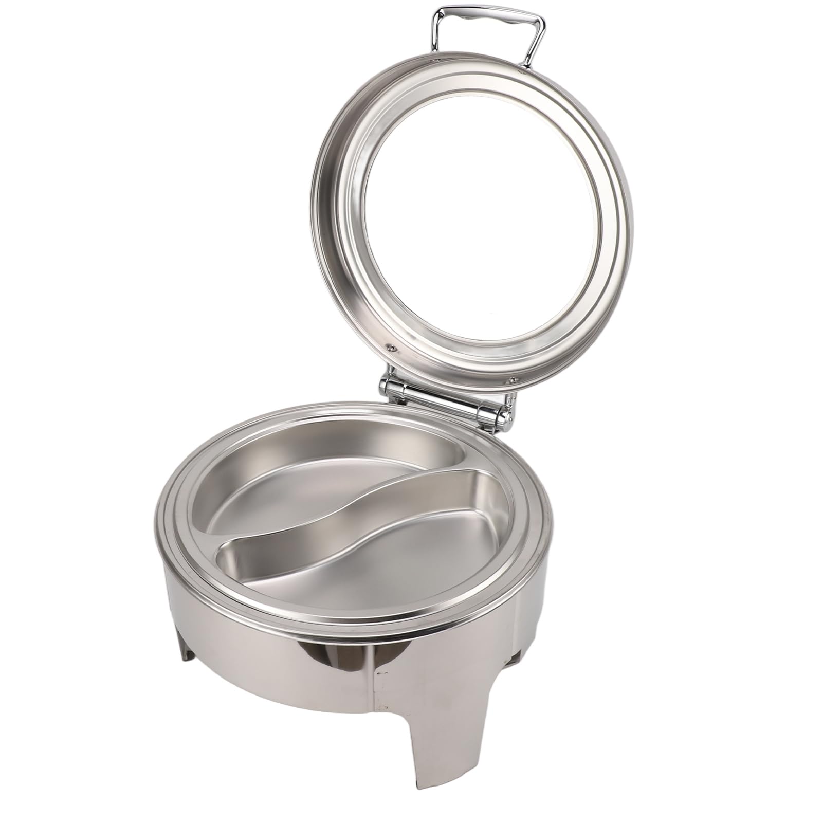 Plato Redondo de Acero Inoxidable de 6 Litros, Servidor de Buffet con Tapa de Vidrio Visible, Tapa Abatible de 90 Grados, Sartén Espesa, Calentador de Alcohol, para Buffet, Boda, Cena de
