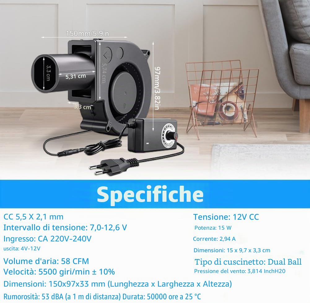 Ventola radiale da 12 V, 220 V, con controller per elettrodomestici, ventola per ventilazione, cambio della ventola, barbecue, camino gonfiabile, turbina per riscaldatori, barbecue, picnic