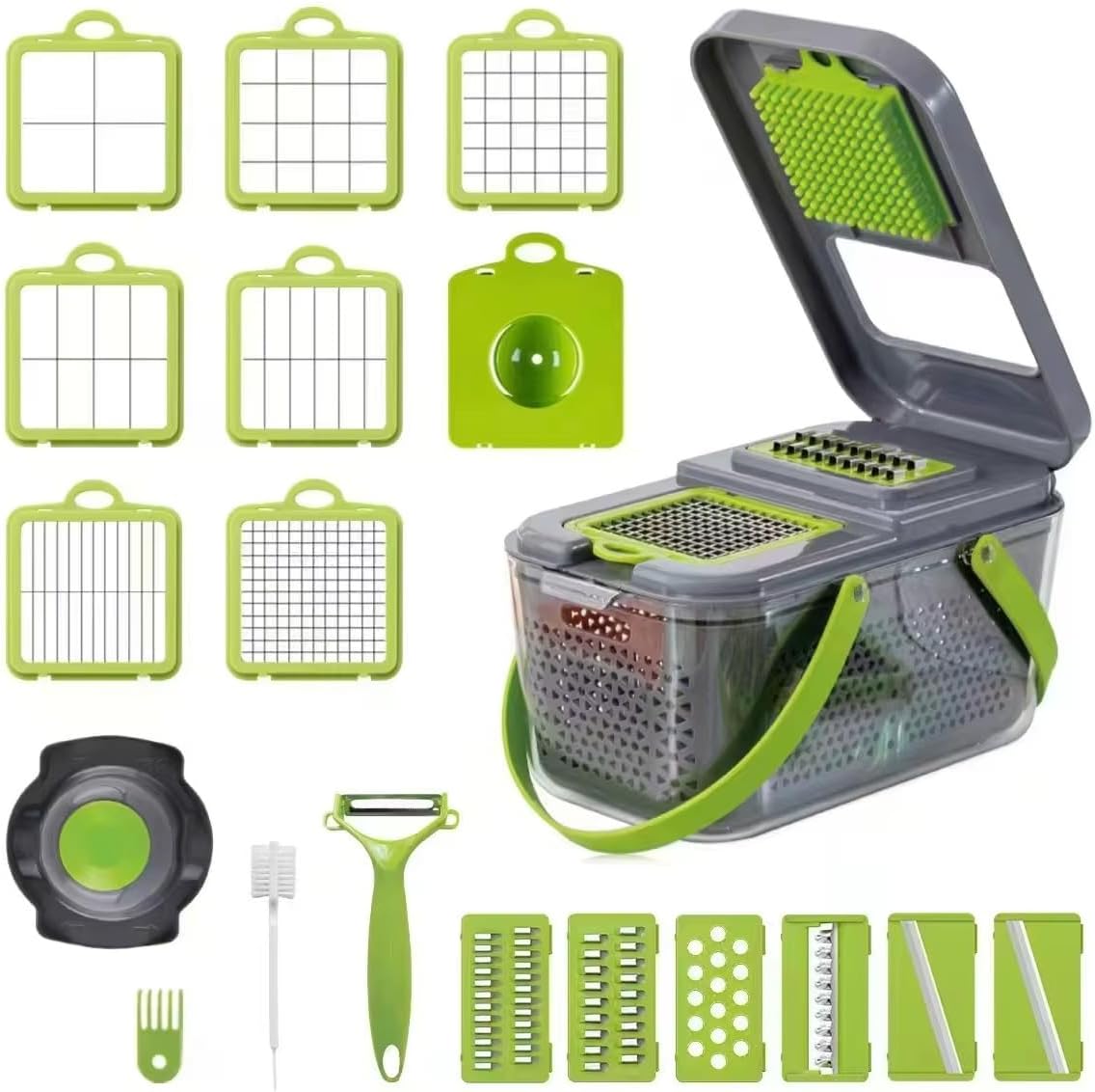 22-in-1 Multipurpose Vegetable Chopper, Fruit & Vegetable Cutter with Grater, Peeler and Chipser, Food-Grade Unbreakable Plastic Body, Easy Push-to-Clean Button Slicer Dicer for Kitchen