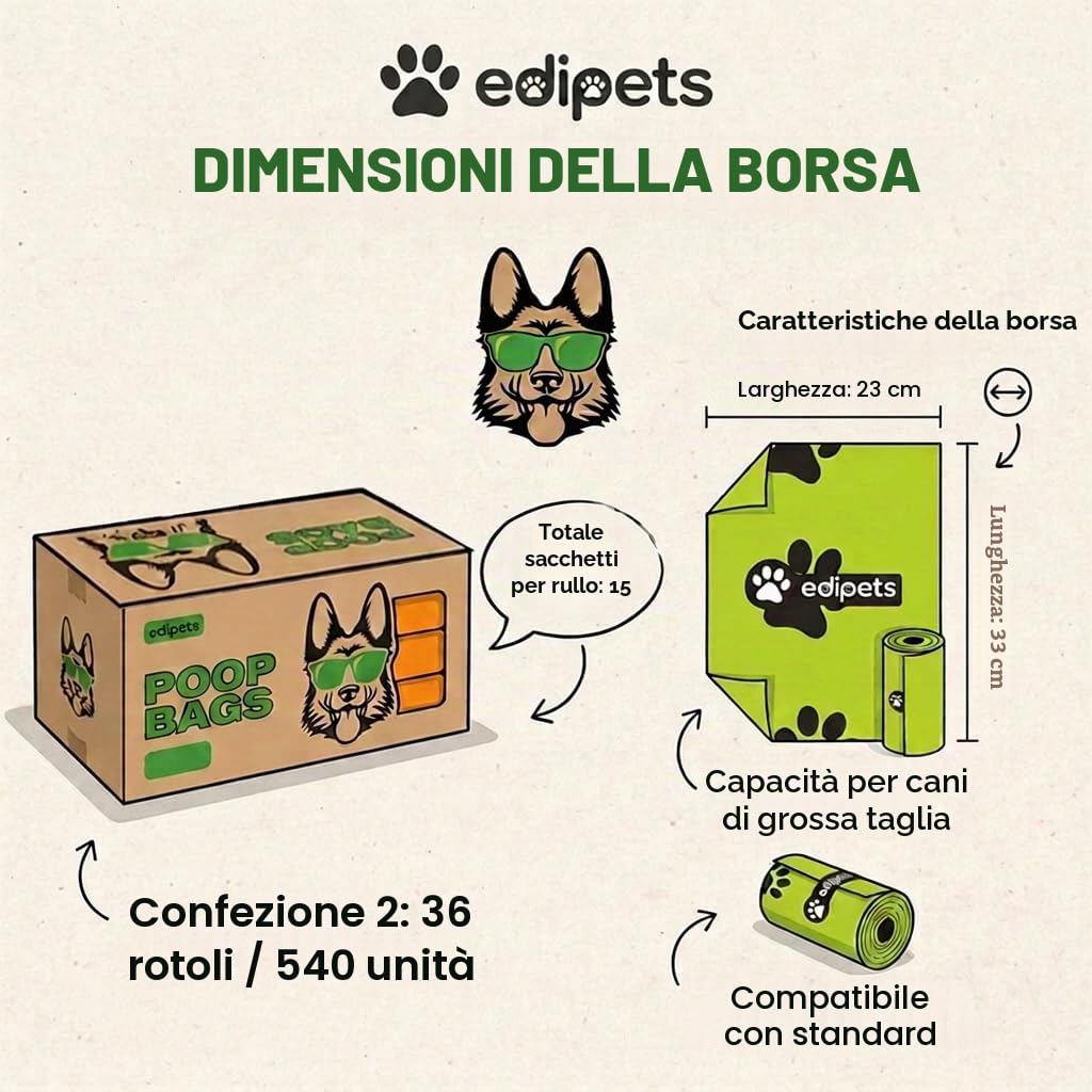 Edipets, Sacchetti Cane Biodegradabili, 405 o 540 pezzi, Extra Spesso, a prova di Perdite, non Profumati, Sacchettini per Cani, Raccogli Feci, Pet Bag (36 rotoli / 540 unità)