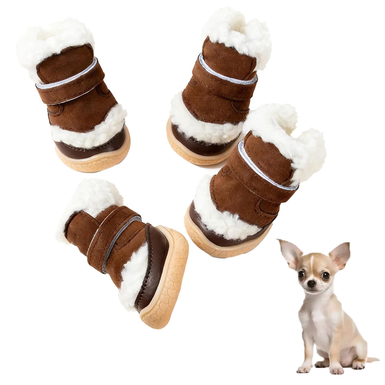 4 Stück Winter-Hundeschuhe, Winddichte Hundeschuhe Für Kleine Hunde, Schneeschuhe Mit Lammwolle, Pfotenschutz Für Hunde Bei Heißem Asphalt Und Schnee Im Winter,Braun,XL
