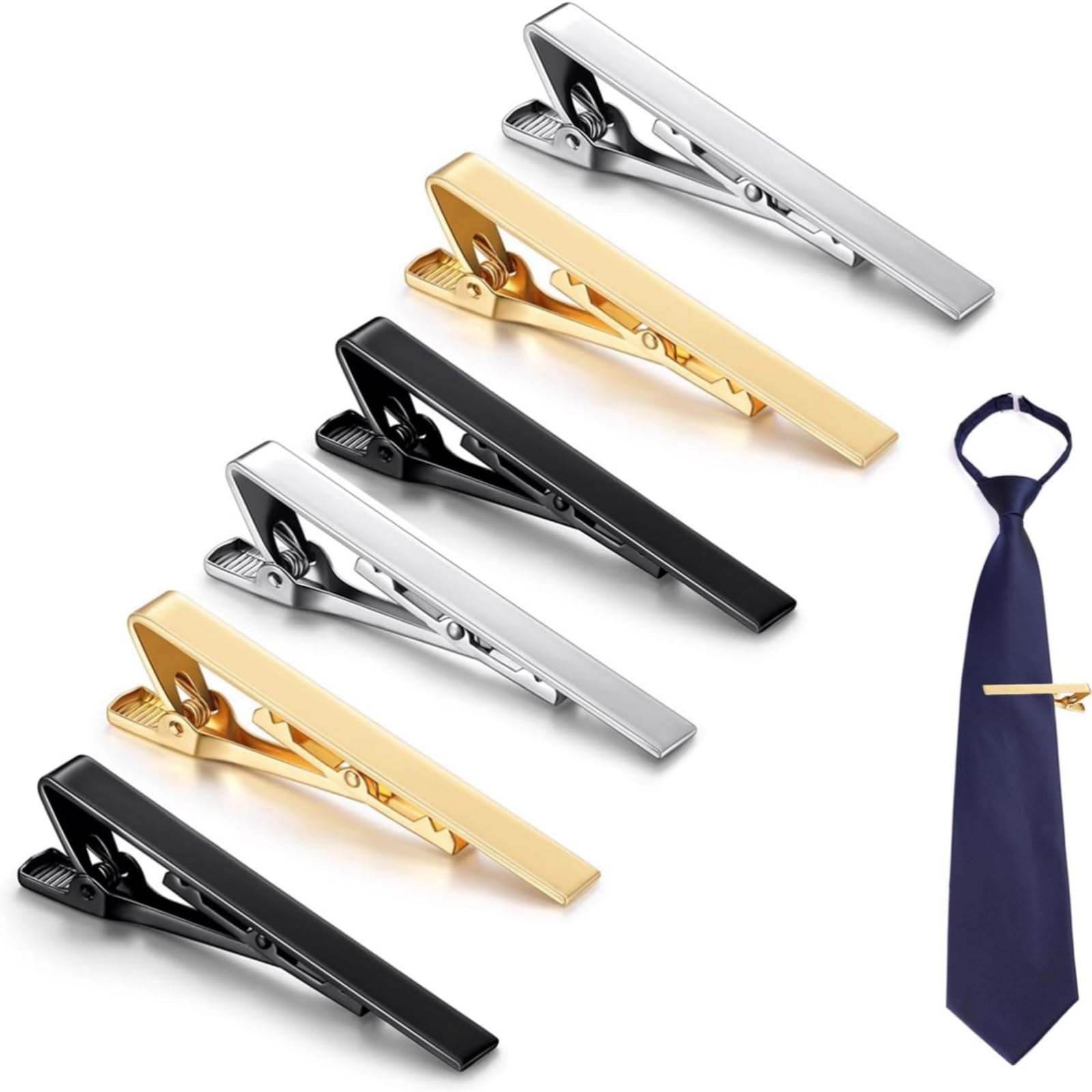 Luncpcihe 6 Pack Classic Tie Clip, Silver Gold Black, Men's Wedding Tie Bar Pinch Clips