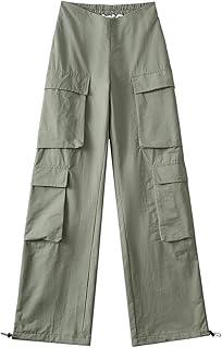 WSZJLN Estilo Otoño Hot Girl Mono Recto con Cintura en V Pantalones Casuales Sueltos con múltiples Bolsillos para Mujer Pantalones de Baile de Jazz-Verde Militar-S