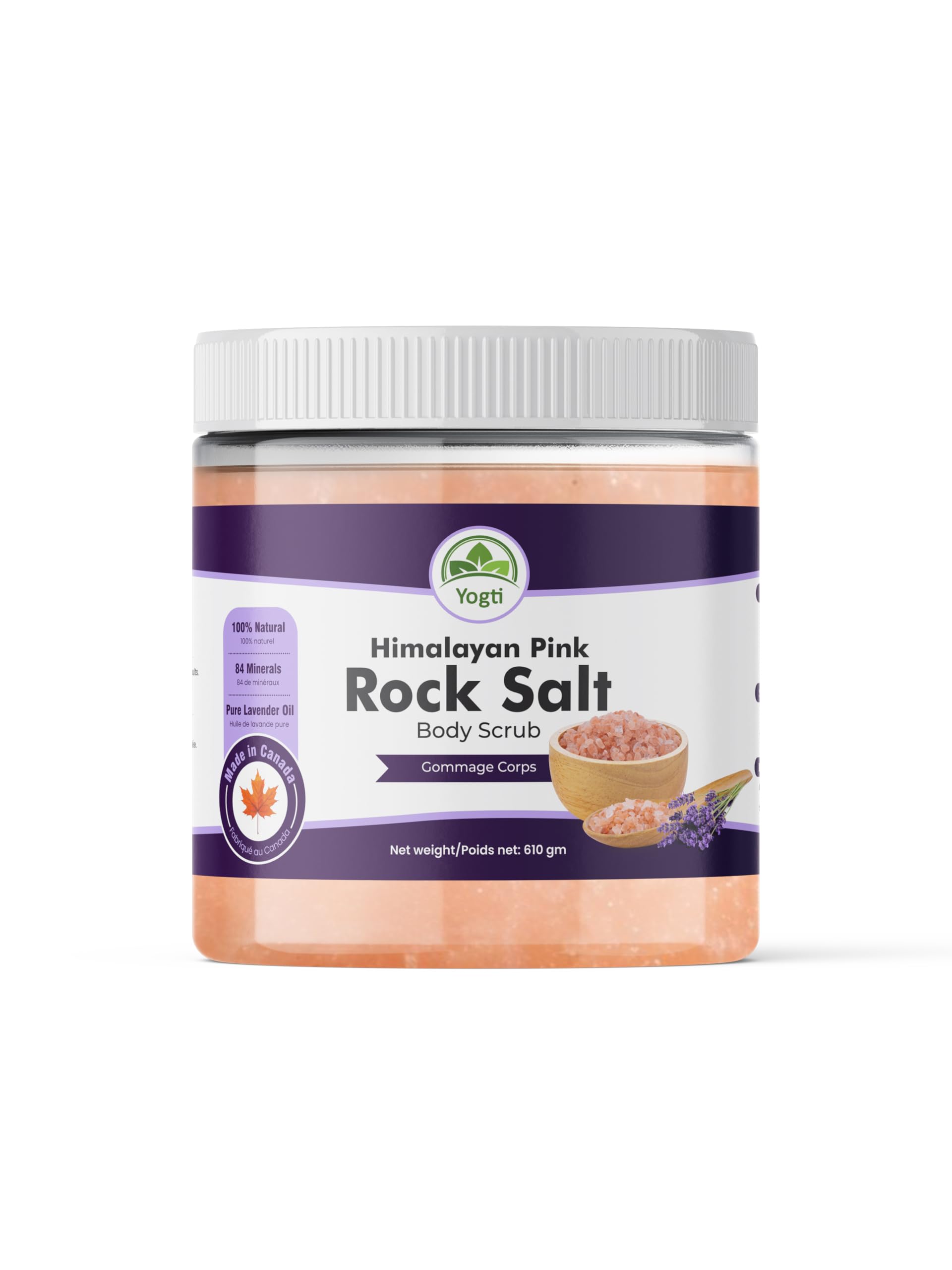 Yogti [Made in Canada] Himalayan Pink Rock Salt Body Scrub, 100% Pure and Nautral - 610g, All Natural Infused with Lavender Essential Oil, Exfoliates & Moisturizes, Deep Cleansing, 610g