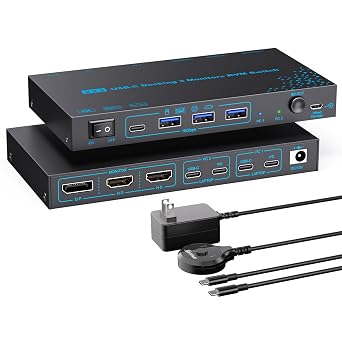 2 Laptops 3 Monitors KVM Switch 2 Port MST Dual USB-C Docking KVM Switches Triple Monitor Support Max 10Gbps USB Transfer Dual 4K@60Hz & One 1080P@60Hz Video Output, 100W PD Charging