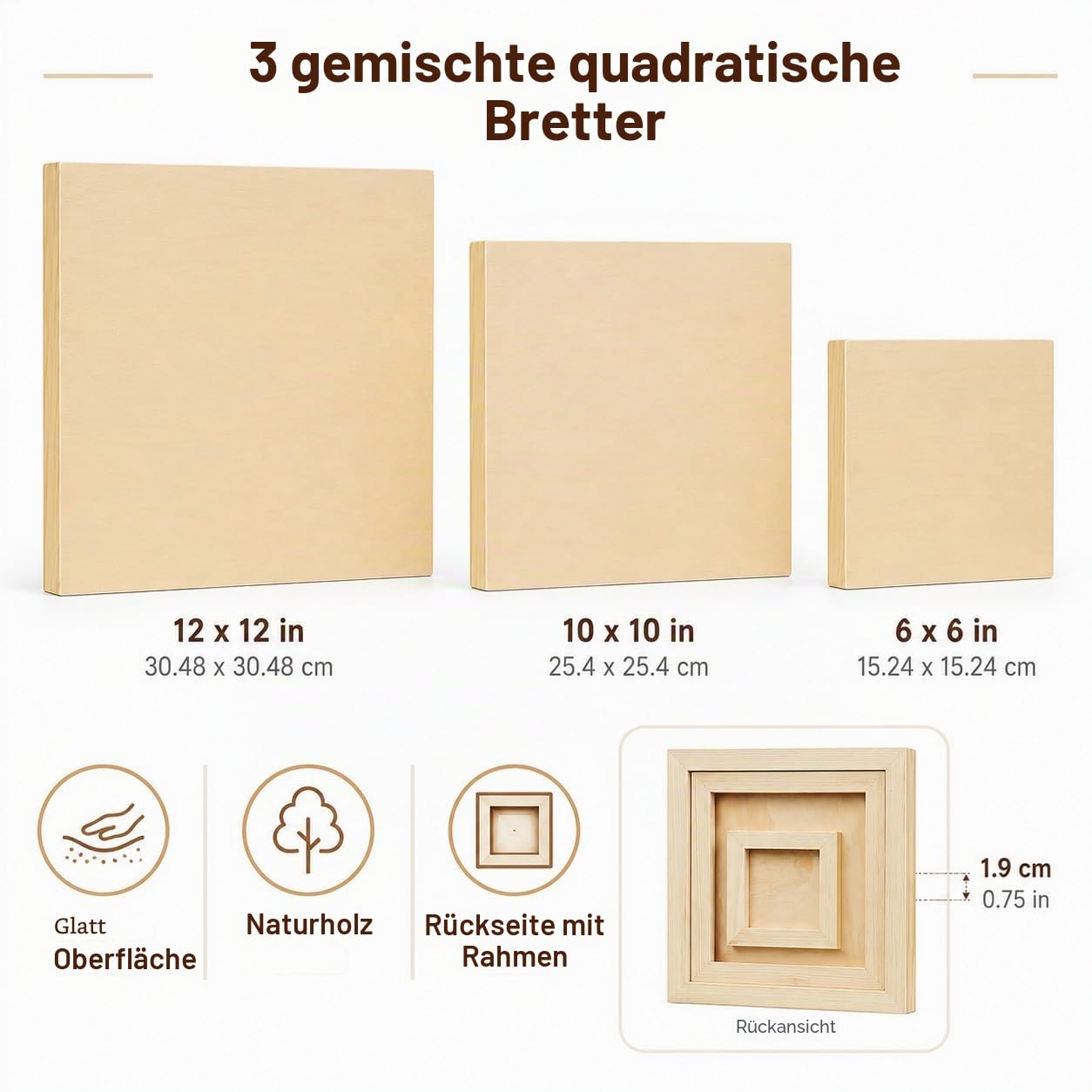 EXERZ Holzmalerei Panels 3er Pack (15,24 x 15,24 cm, 25,4 x 25,4 cm, 30,48 x 30,48cm) - Quadratische Gemischte Panels für Acryl-, Öl- & Mixed-Media-Malerei – Für Künstler, Kinder & DIY