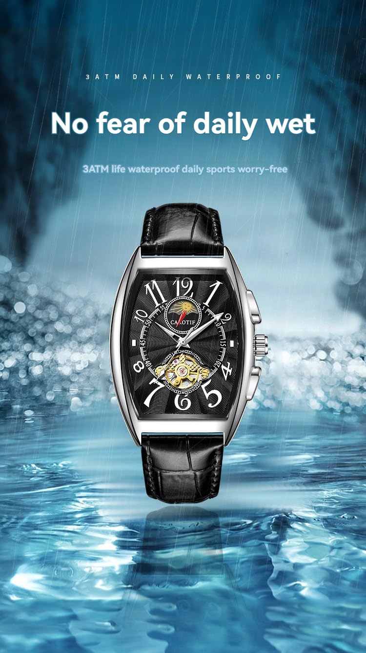 BESTKANG Orologio da polso da uomo, completamente automatico, a carica automatica, numeri arabi, lancette blu, in pelle