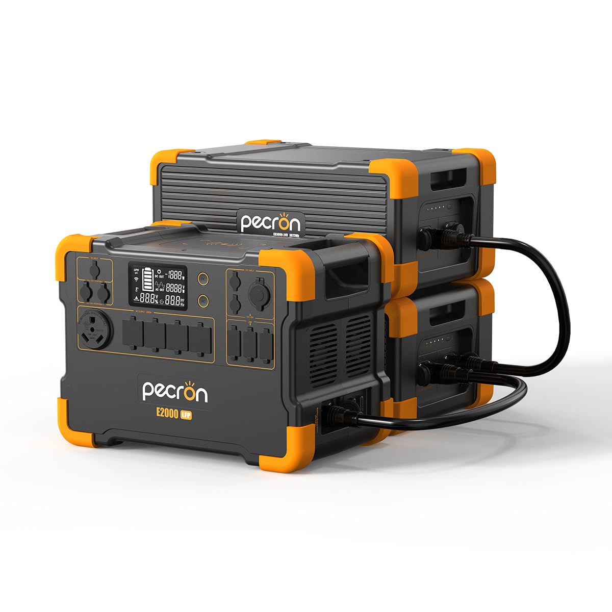 pecron Portable Power Station E2000LFP Expandable 8604Wh with 2xEB3000-24V External Battery LiFePO4 2000W AC Outlets Fast Charging Solar Generator for