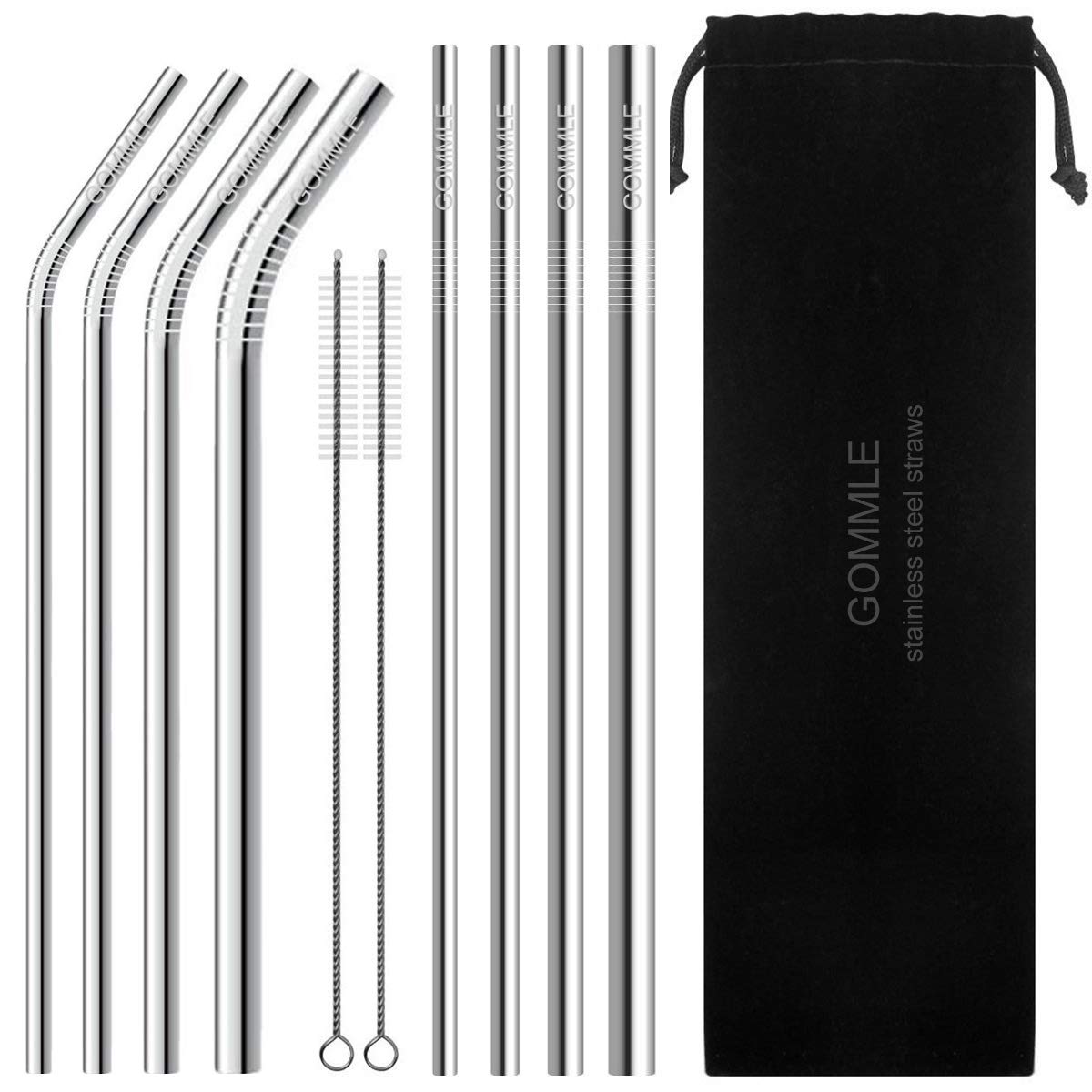 Stainless Steel Straws for Pearl Milk Tea/Bubble Tea/Boba tea/Tapioca tea, Reusable Metal Drink Straws, 8.5" Length, 6mm/8mm/10mm/12mm Diameter with 2 Cleaning Brushes and Carry Pouch (8 Pieces)