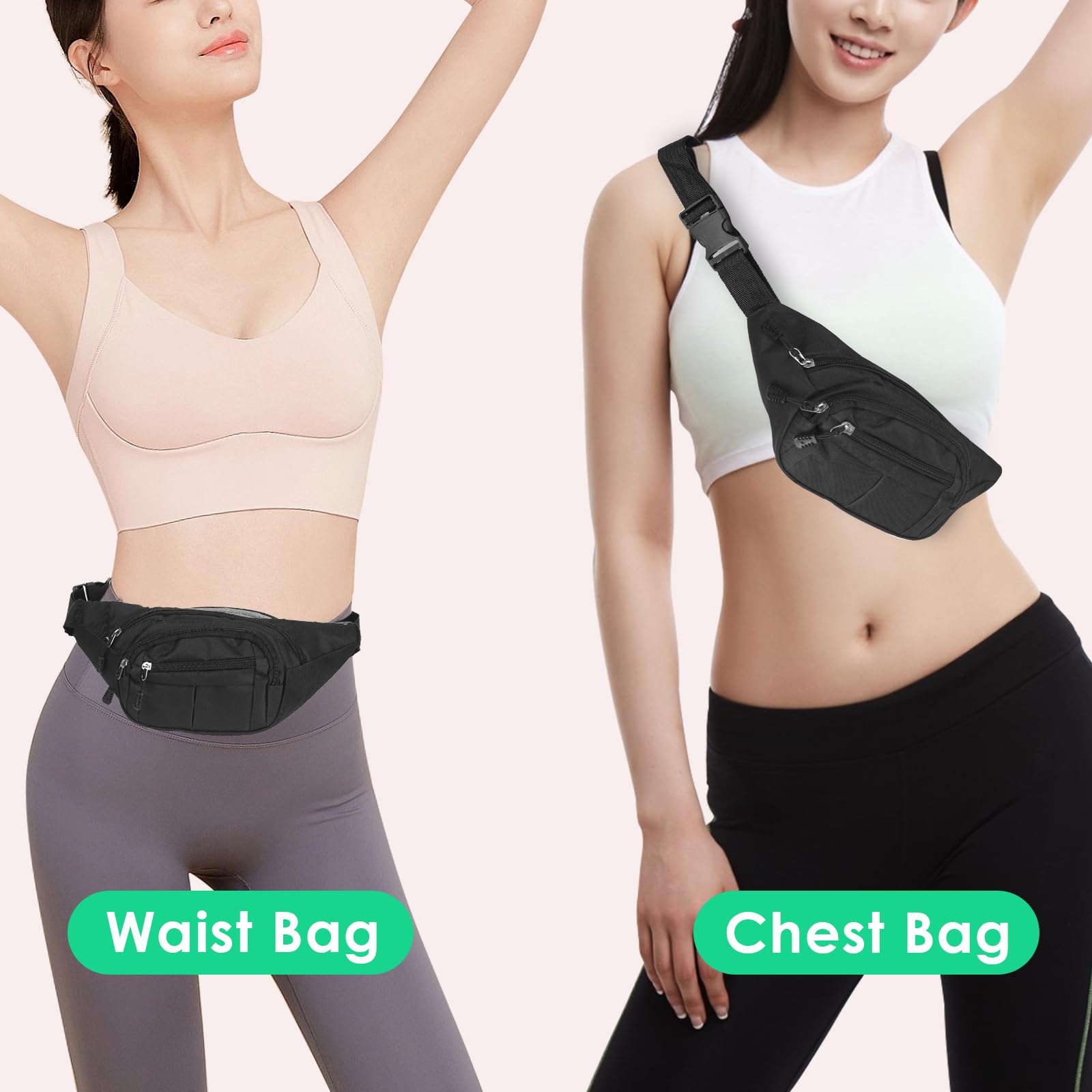 Adorila 11" Large Fanny Pack for Men Women - 4 Zipper Pocket Crossbody Belt Bag - Adjustable Chest Sling for Travel (Black) - Image 3