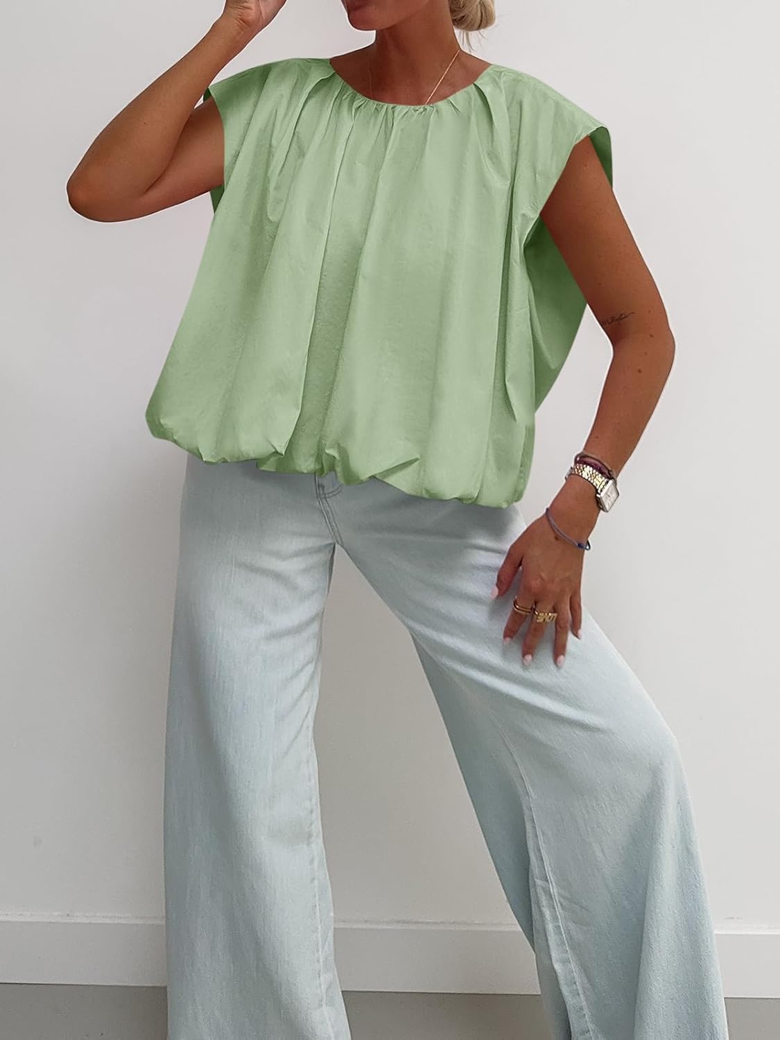 Cicy Bell Womens Summer Cap Sleeve Blouses Casual Pleated Open Back Crew Neck Bubble Tank Tops Bow Tie Cotton Shirts - Image 7