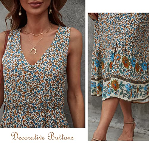 Image of BROVAVE Women Summer Bohemian Floral Print V Neck Sleeveless Sundress Flowy Casual Midi Dress