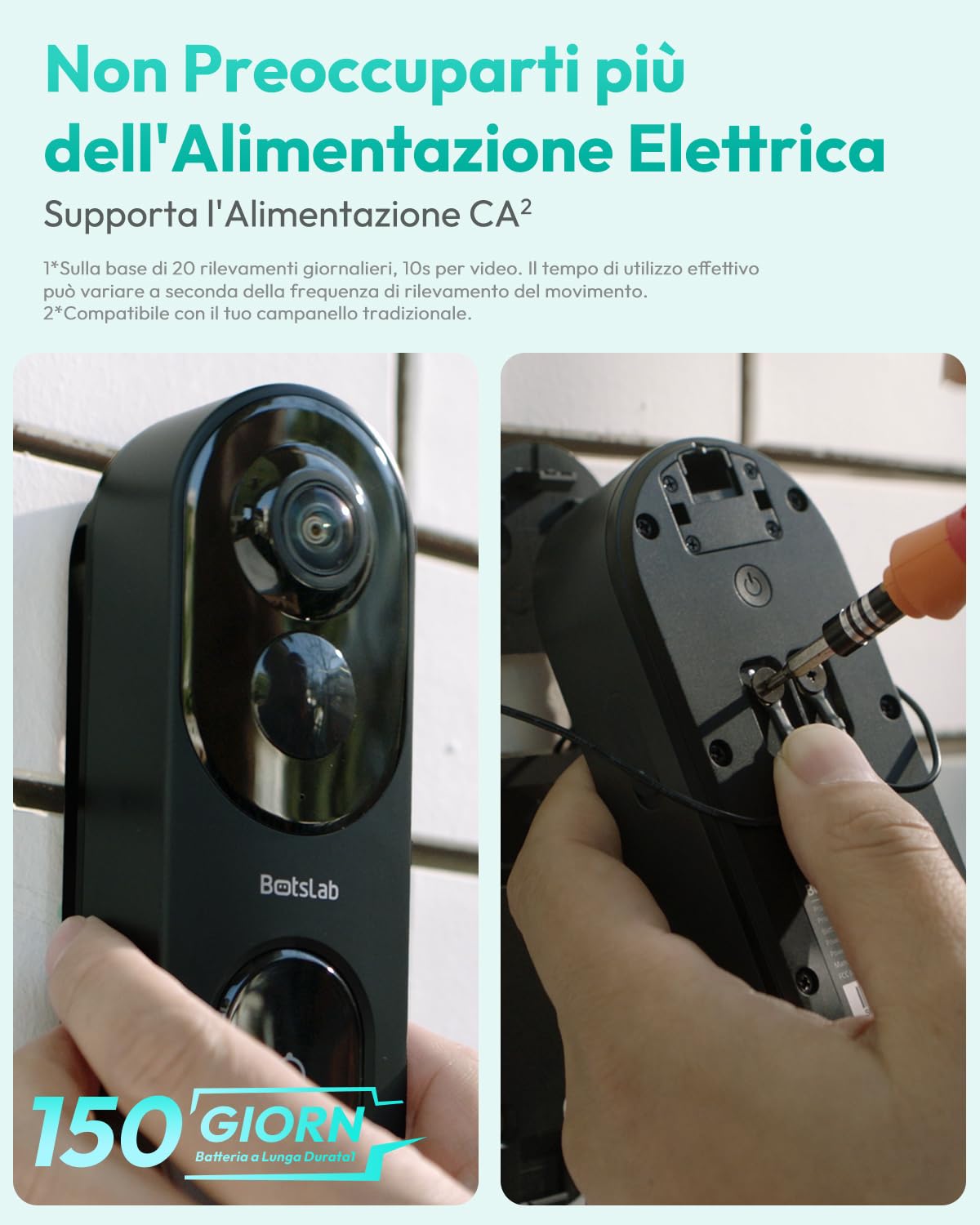 BOTSLAB Videocitofono, 5MP Telecamera WiFi Esterno Senza Fili 180°, Burata Della Batteria di 150 Giorni, Nessun Canone Mensile, Rilevamento umano, Sirena, Audio Bidirezionale, 2,4GHz