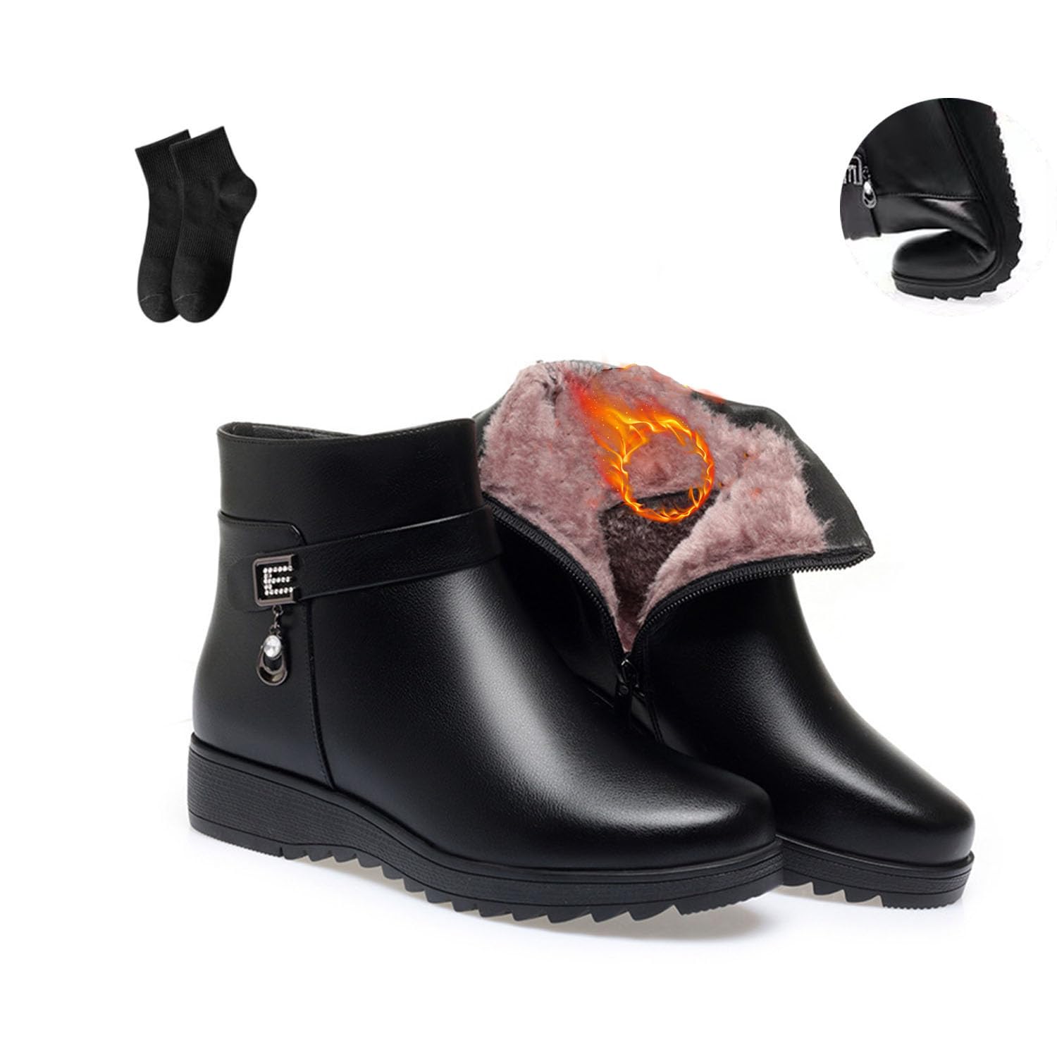 Orthopädische Damenstiefel aus echtem Leder, Wolle, einfarbig, Winter, Schnee, Plateau, Lederstiefel, wasserdicht, gefüttert, seitlicher Reißverschluss, flache Stiefeletten