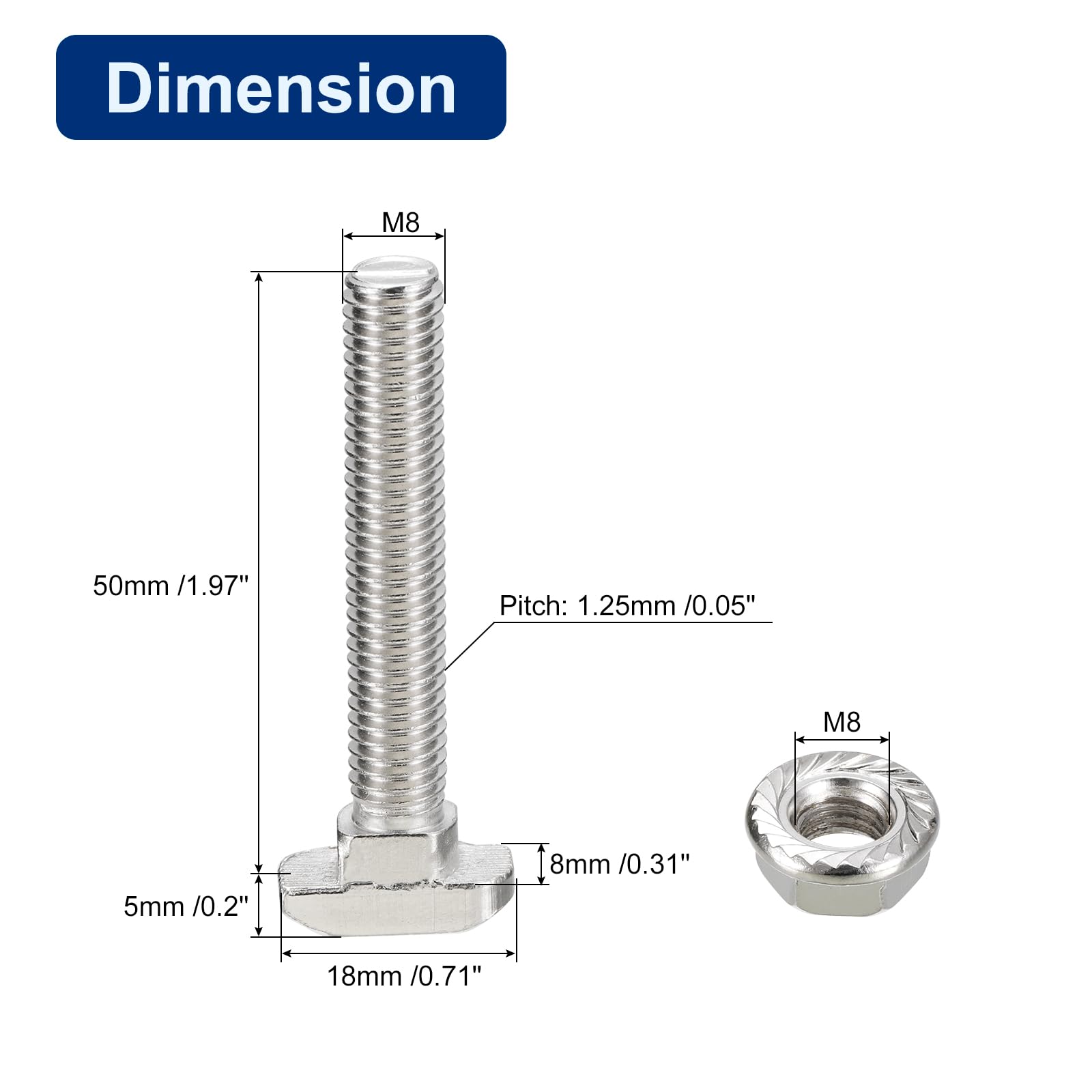 QUARKZMAN M8*50 Conjunto de Tornillos de Cabeza de Martillo, 40pcs Perno de Caída en Ranura en T Deslizantes T-Nut con 40pcs Tuercas Hexagonales de Brida para Serie 40 Aluminio Perfil