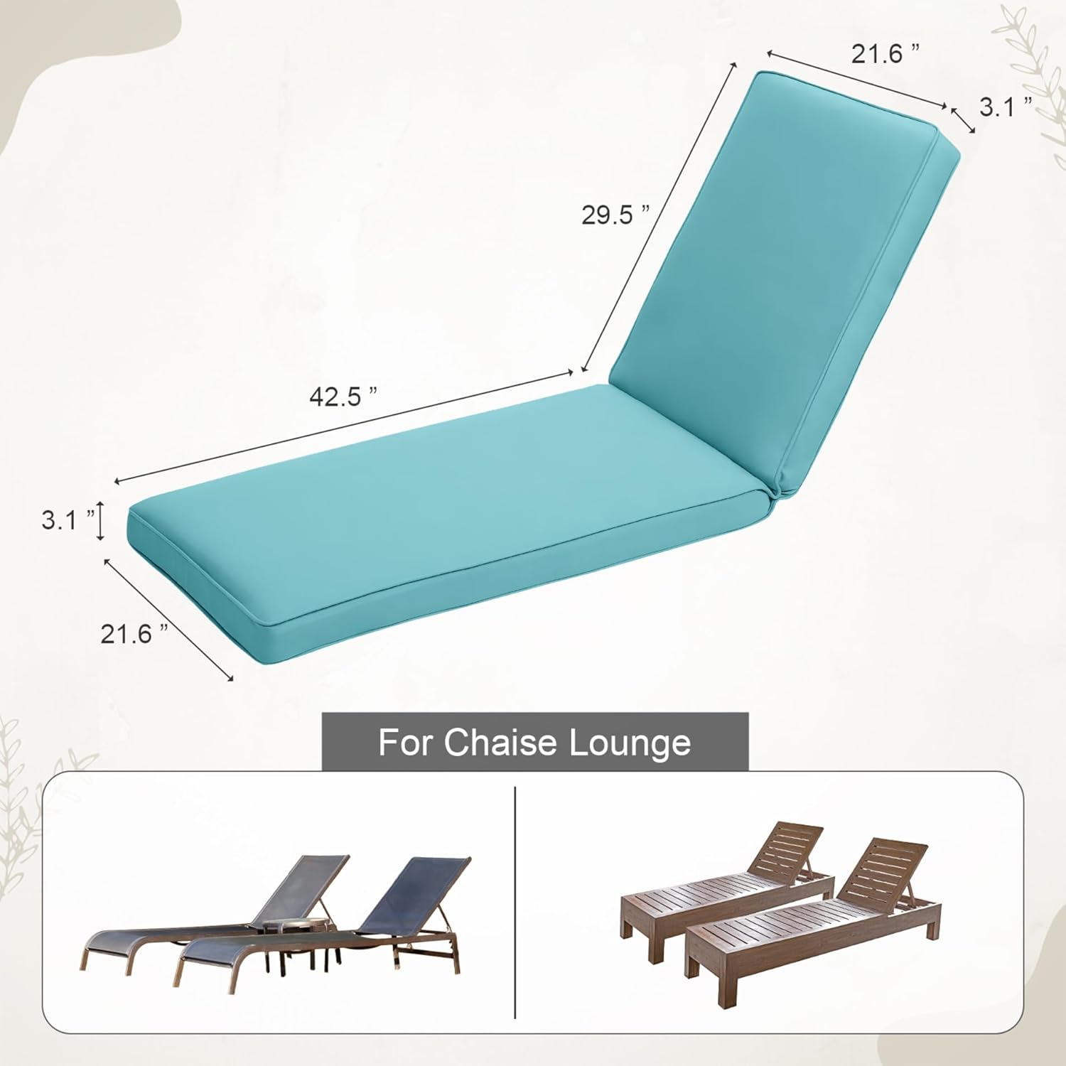 BPS 72x22 Inch Outdoor Chaise Lounge Cushions 2-Pack, Fade & Water Resistant Olefin Fabric Patio Chair Cushions, Removable Cover & Adjustable Straps for Sunbathing, Tanning Loungers & Recliners