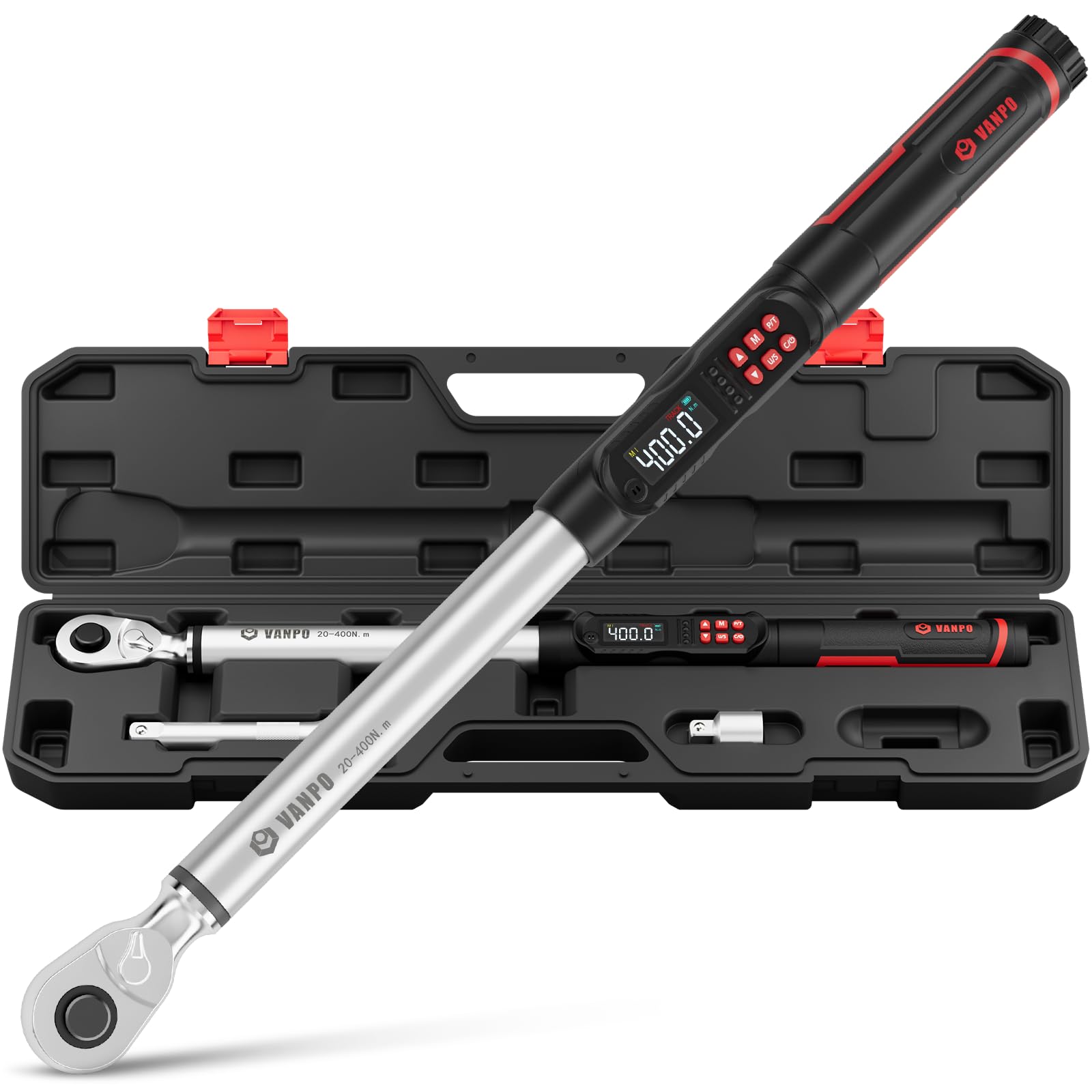 VANPO Digitaler Drehmomentschlüssel 1/2 Zoll, 20-400 Nm, ±2% Genauigkeit, Elektronischer Drehmomentschlüssel Set für Auto, Truck Reparatur & Heavy Duty, mit LCD-Display, akustischem & Vibrationsalarm
