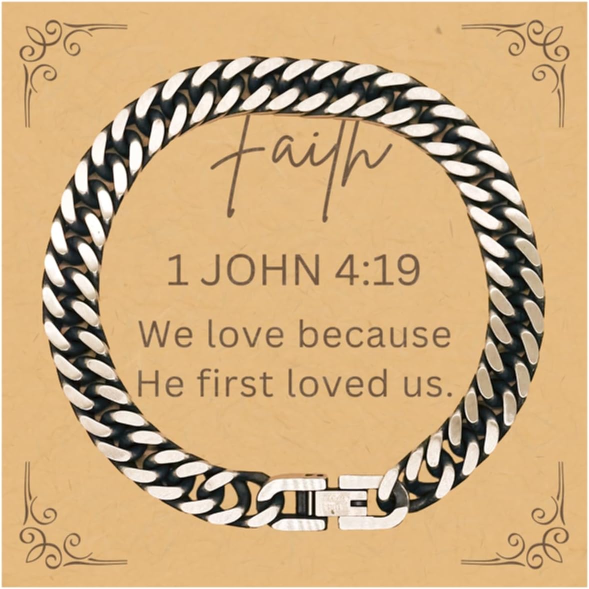 PARN'S Gifts For Christian Bible Verse - 1 John 4:19 - Cuban Link Bracelet Faith Gifts For Son Dad Brother Nephew Boyfriend Husband, Religious Jewelry Bracelet Message Card Box