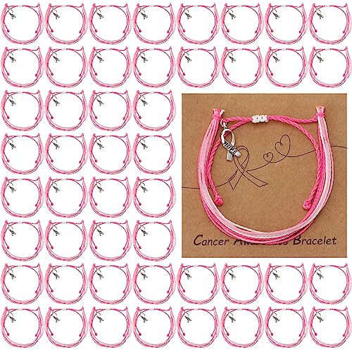 50 Pcs Breast Cancer Awareness Bracelet Pink Ribbon Braided Bracelets with Pendant Adjustable Breast Cancer Gifts Accessories