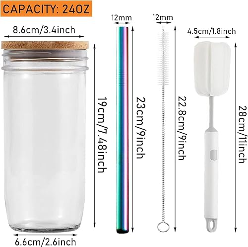 Miniatura 9 de ASANMEYO 2 Pcs 24 oz Glass Cups With Bamboo Lids and Straws & 2 Airtight Lids, Reusable Boba Cup Smoothie Cup Mason Jar Drinking Glasses Iced Coffee