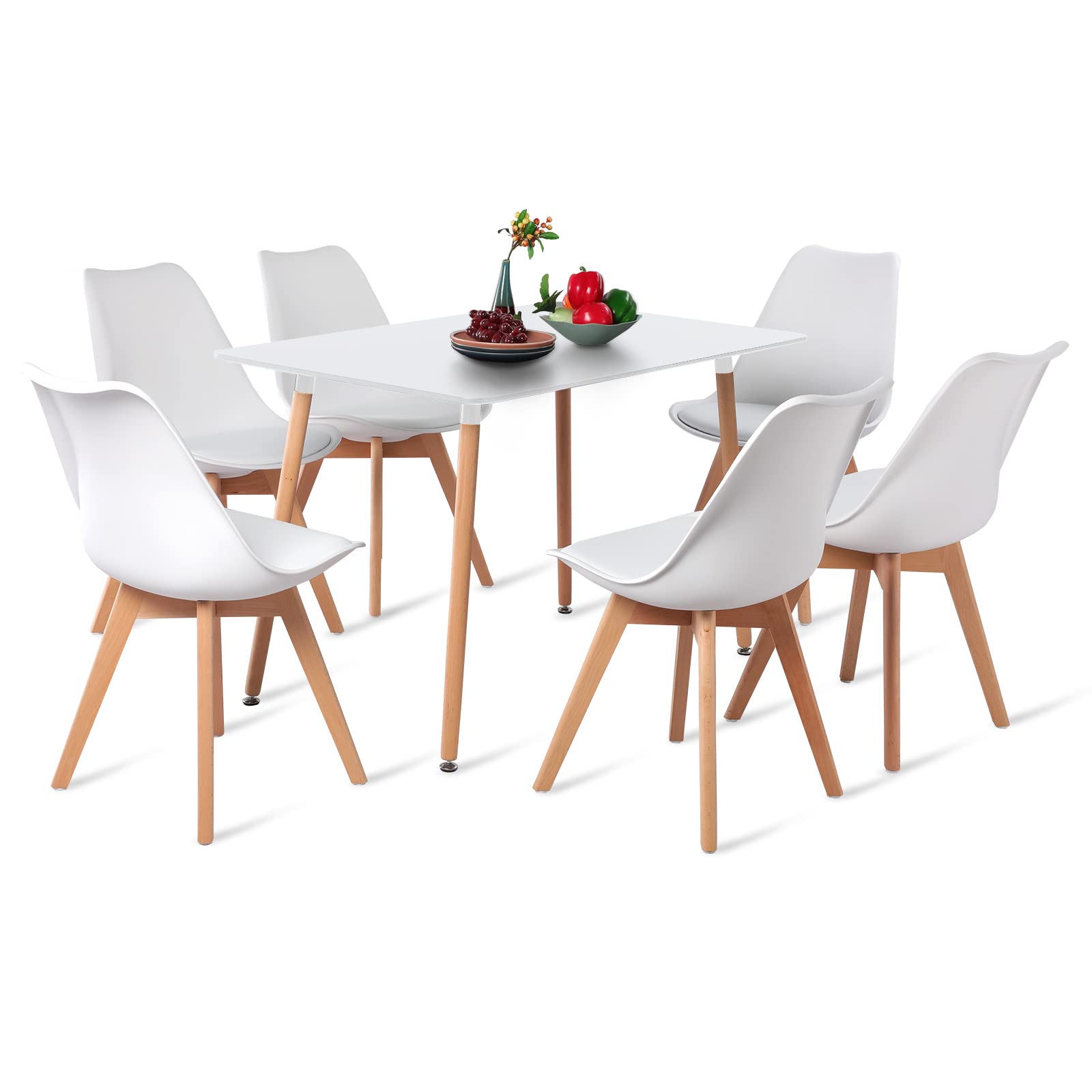 Set di tavolo da pranzo e sedie in legno massello bianco, tavolo da cucina con cuscini e 6 sedie abbinate, design salvaspazio per sala da pranzo, 110 cm, tavolo con 6 sedie da cucina