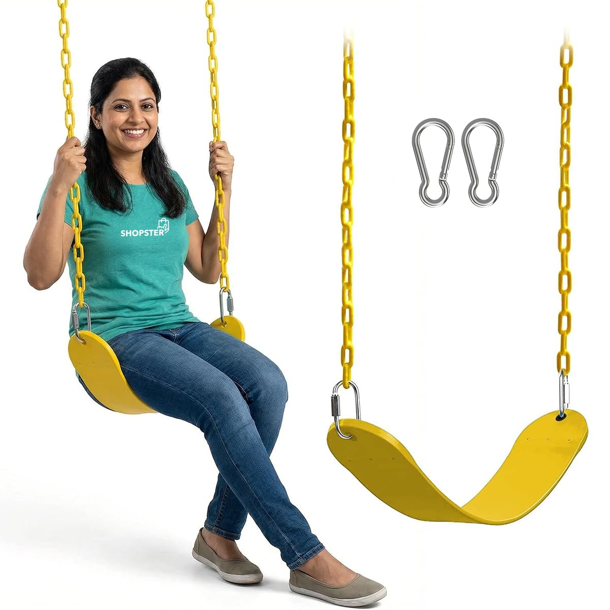 Shopster Heavy-Duty Outdoor Swings for Swing Set with Snap Hooks, Flexible Swing Seat for Adults, 5 Feet Plastic Coated Chains Swing for Kids Outdoor & Indoor- Safe & Comfortable -Yellow-image-25