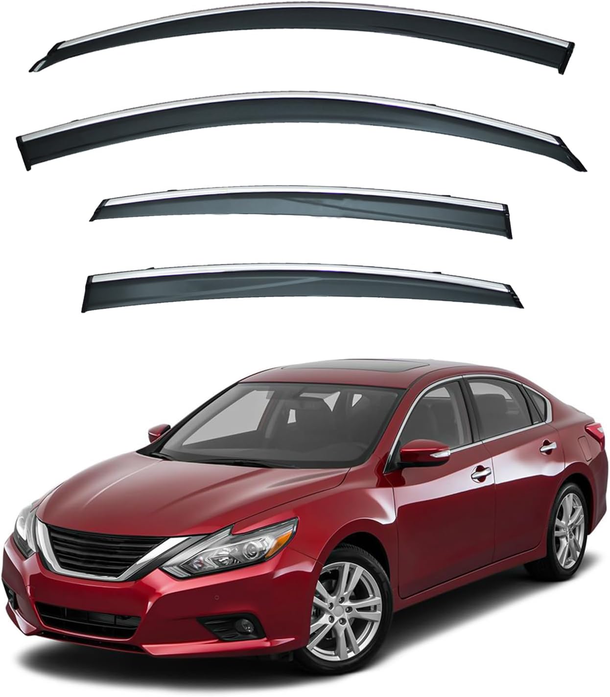 4pcs Smoke Tint with Chrome Trim Outside Mount Tape On/Clip On Style PVC Sun Rain Guard Vent Window Visors Compatible with 13-18 Altima 4-Door Sedan