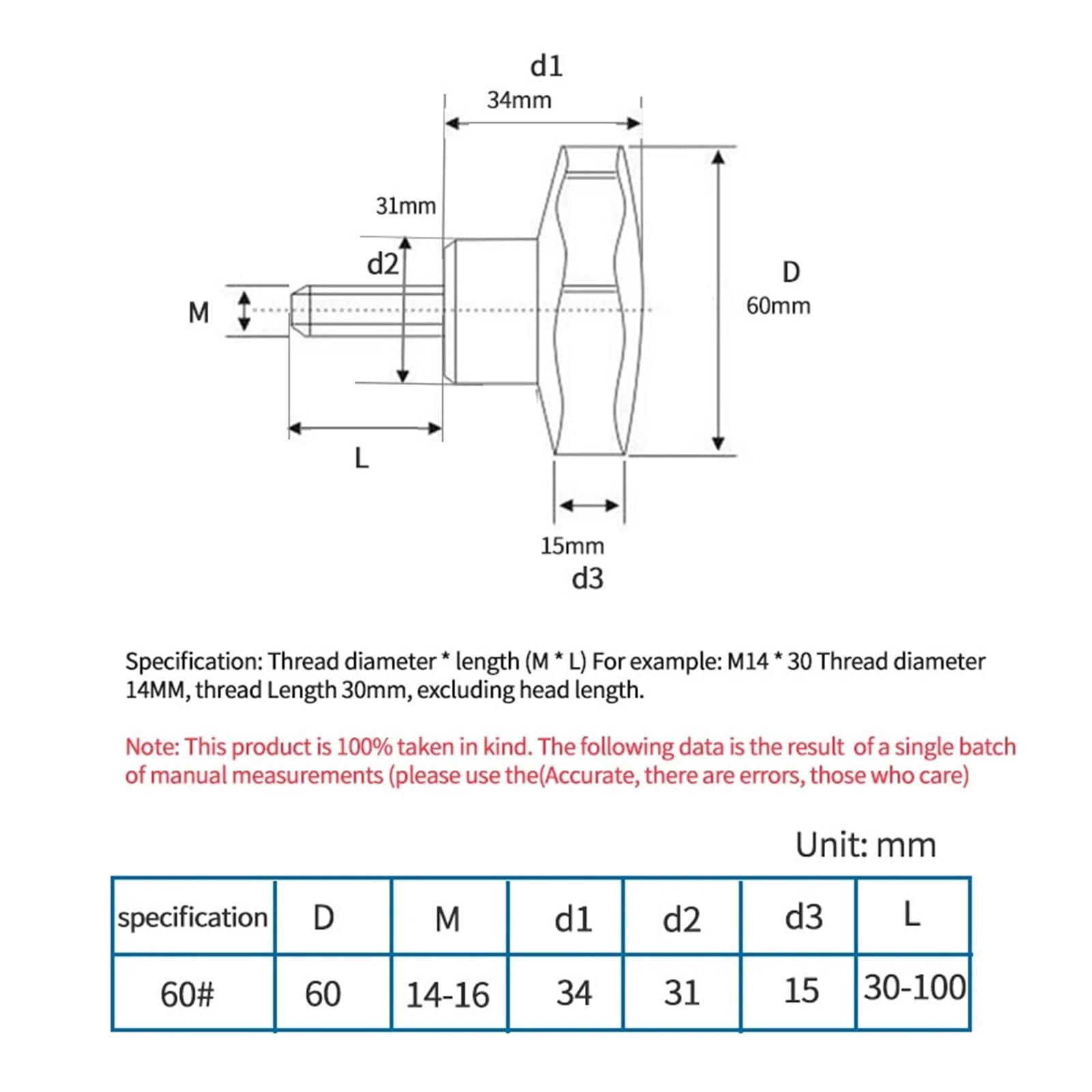 1 Pieza M12 60# Perilla de Tuerca de sujeción con Forma de Estrella con Rosca for Equipo Industrial Tornillo de Mango de Cabeza de plástico de baquelita(100mm)