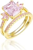 LAZLUVU Classic Cubic Zirconia Engagement Rings Square Pink Stone Bridal Set Promise Ring Jewelry Gift For Women Wedding Anniversary Yellow Color 10